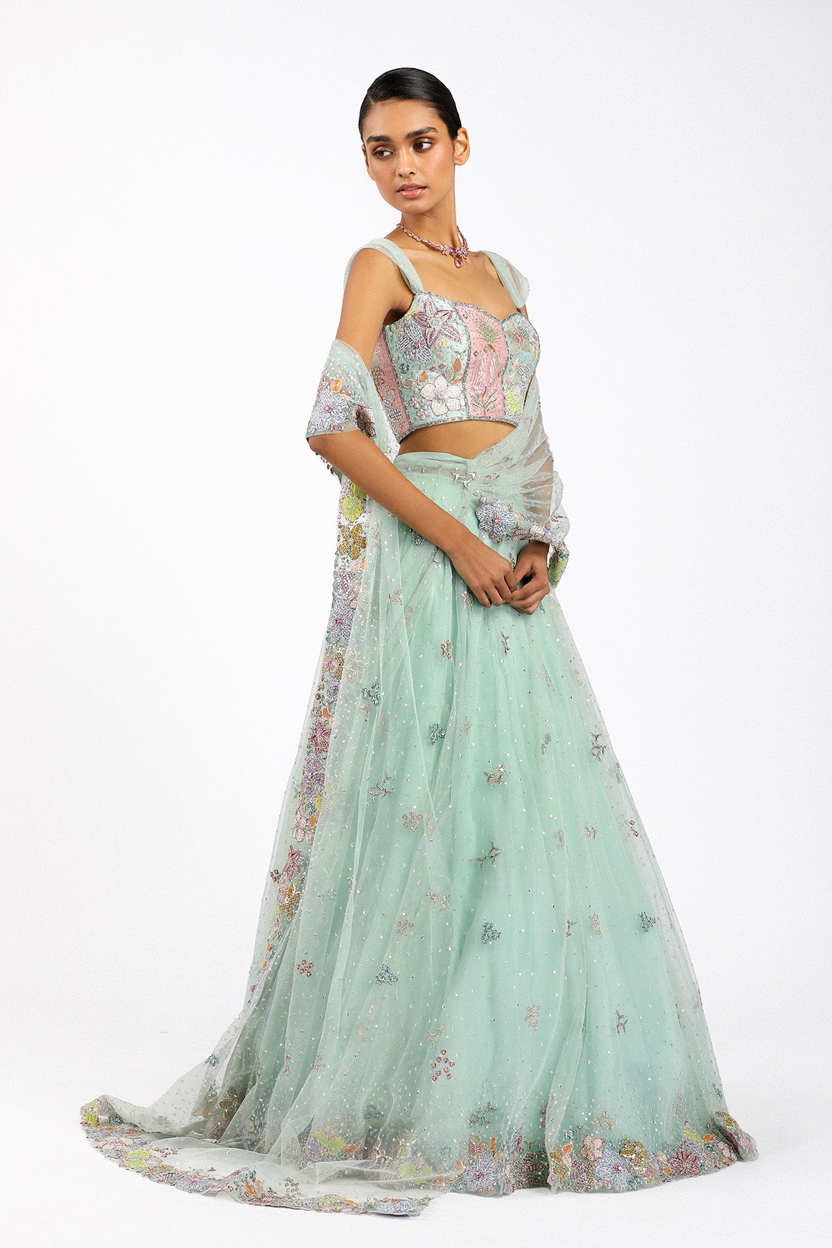 Azalee - Baby Blue Tulle Saree Lehenga