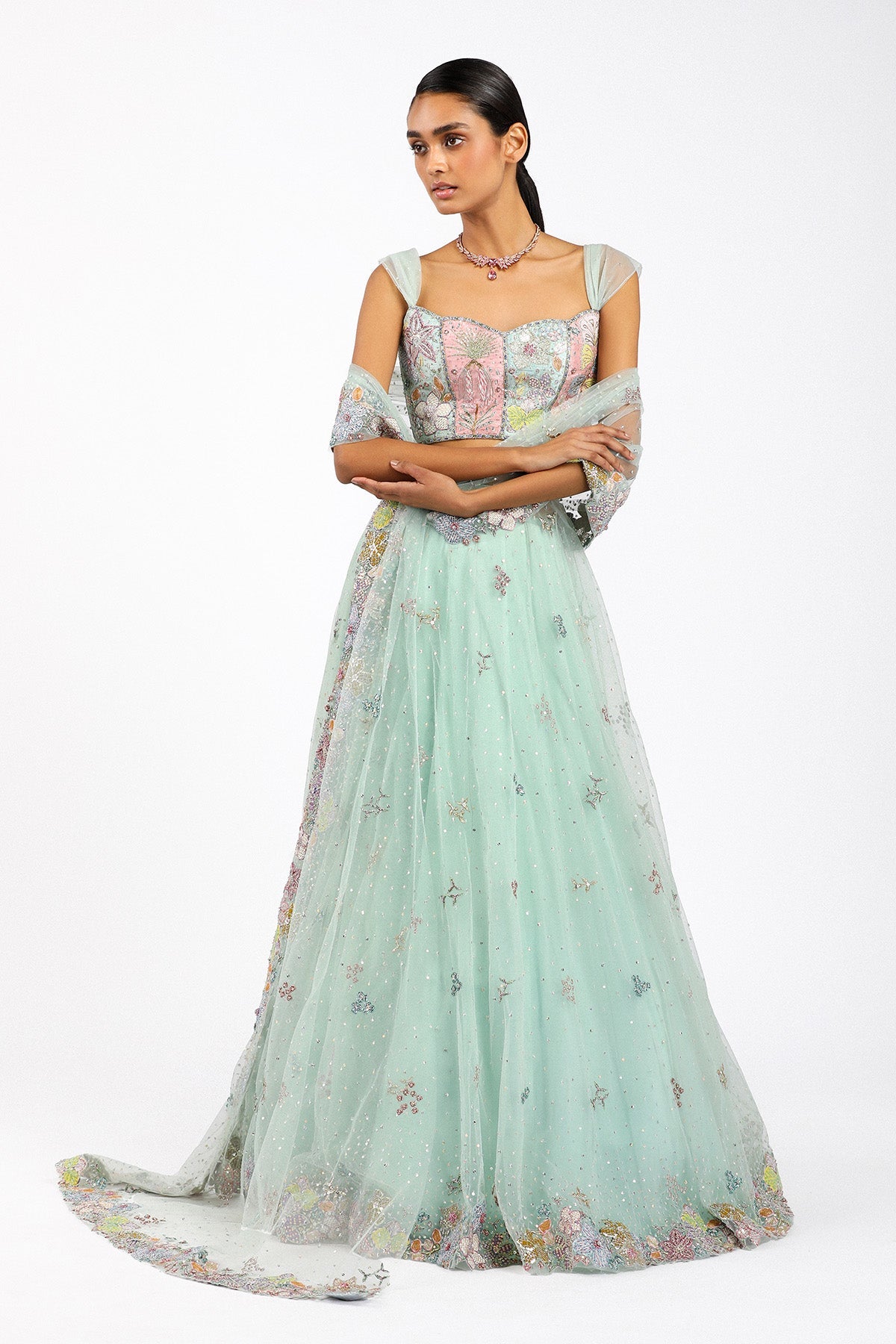 Azalee - Baby Blue Tulle Saree Lehenga