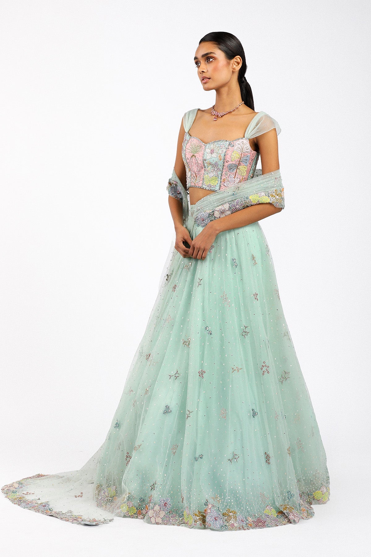 Azalee - Baby Blue Tulle Saree Lehenga