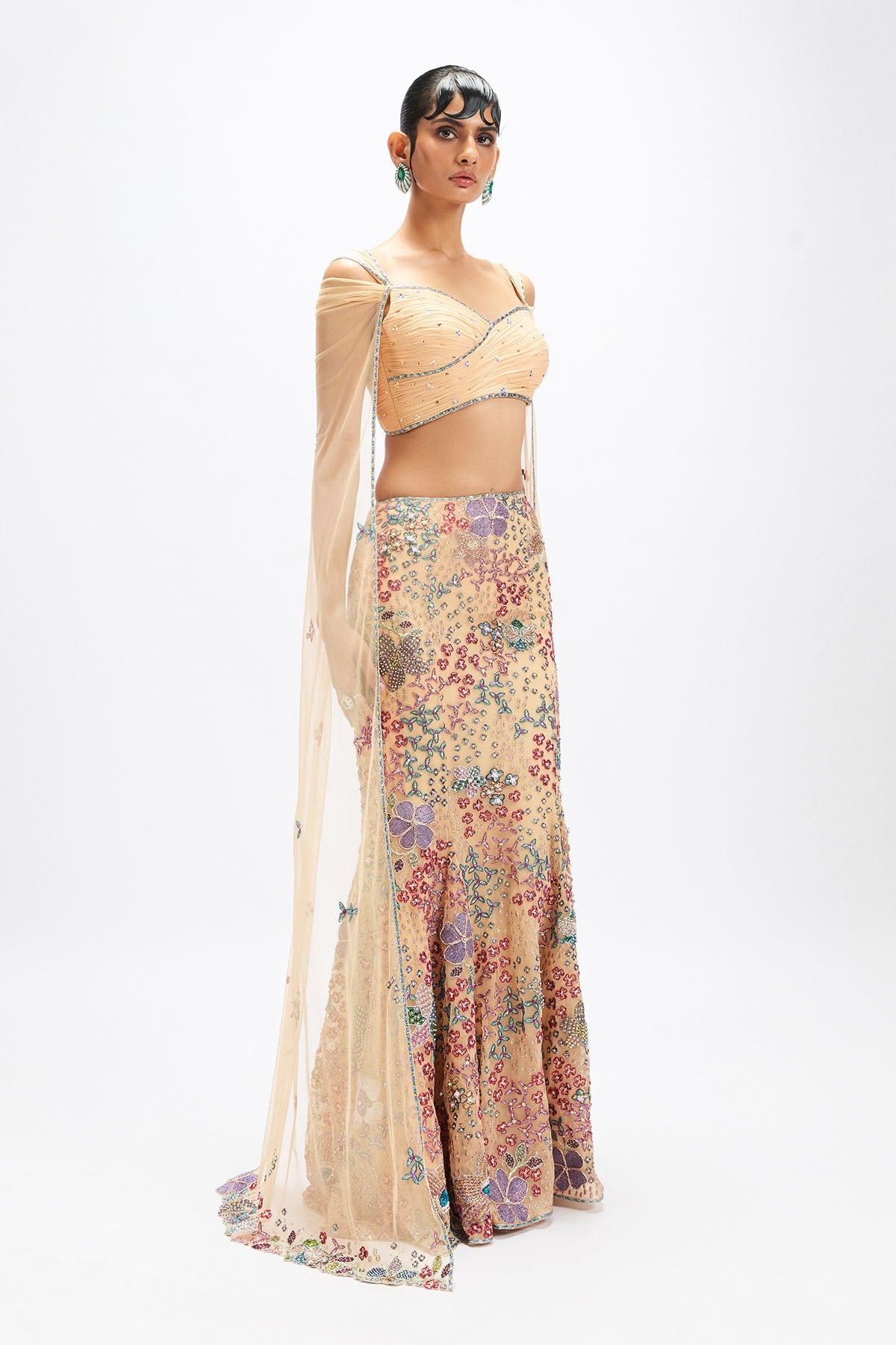 Dunefleur - Beige Tulle Mermaid Lehenga