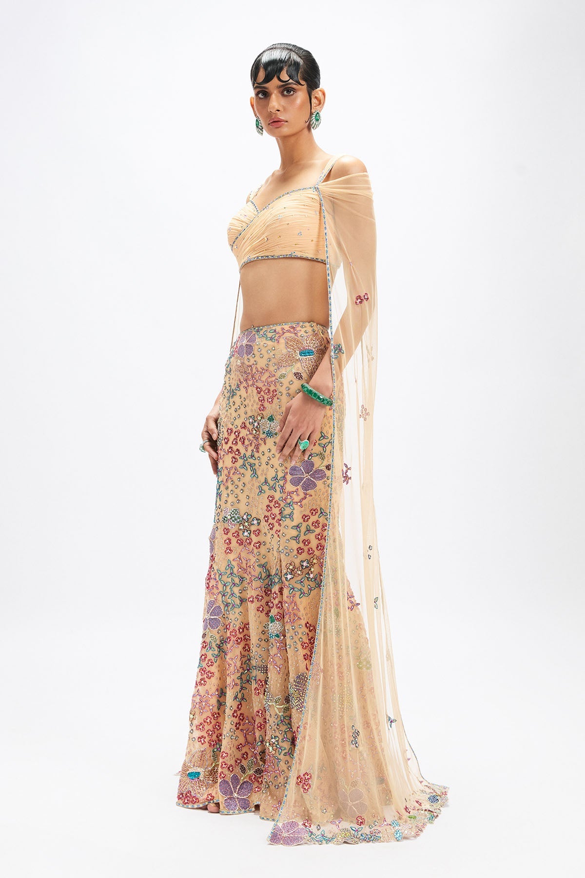 Dunefleur - Beige Tulle Mermaid Lehenga