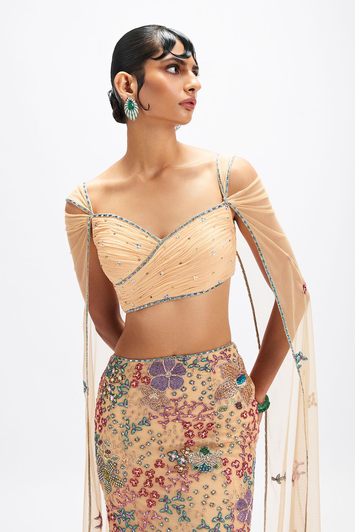 Dunefleur - Beige Tulle Mermaid Lehenga