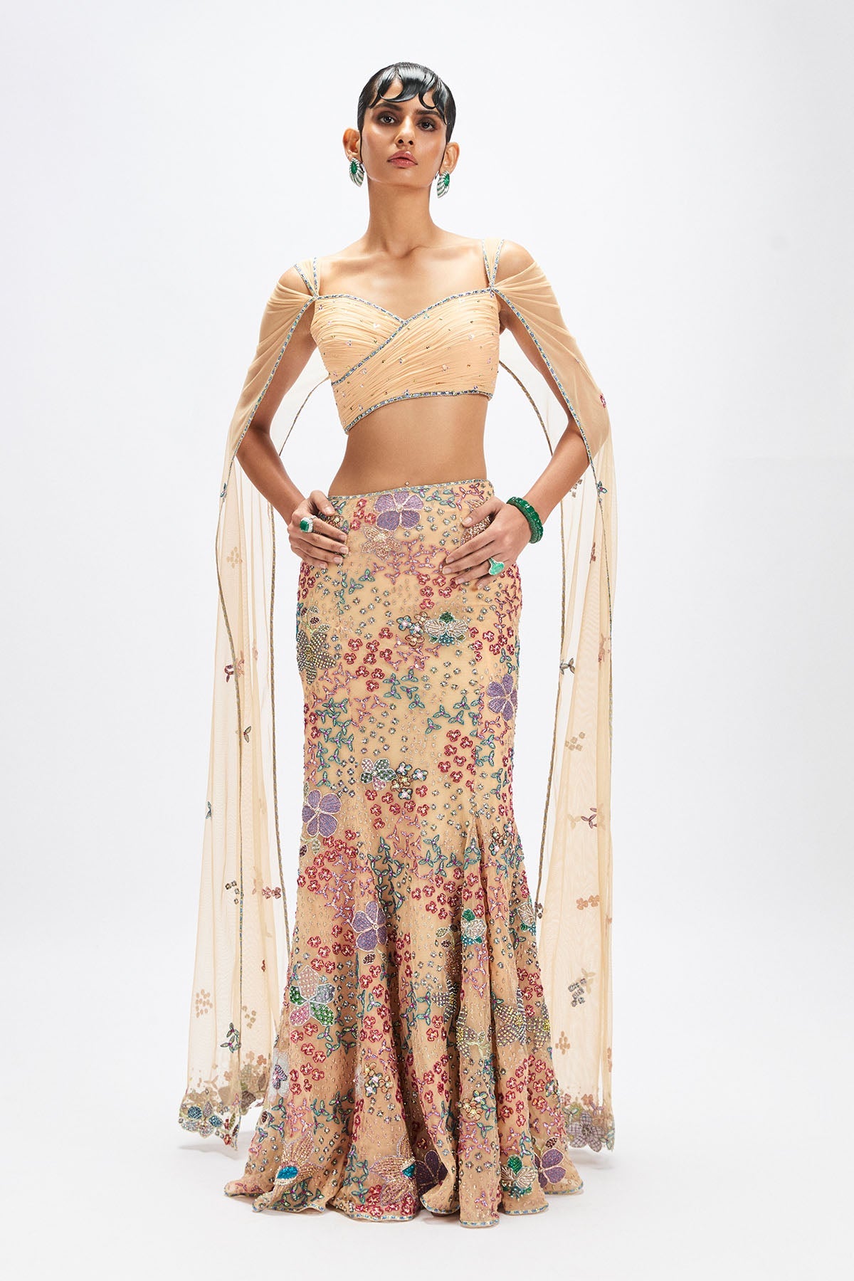 Dunefleur - Beige Tulle Mermaid Lehenga