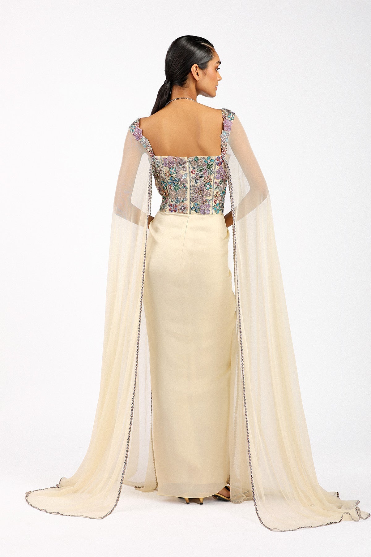 Zaférine - Beige Silky Satin Pleated Gown
