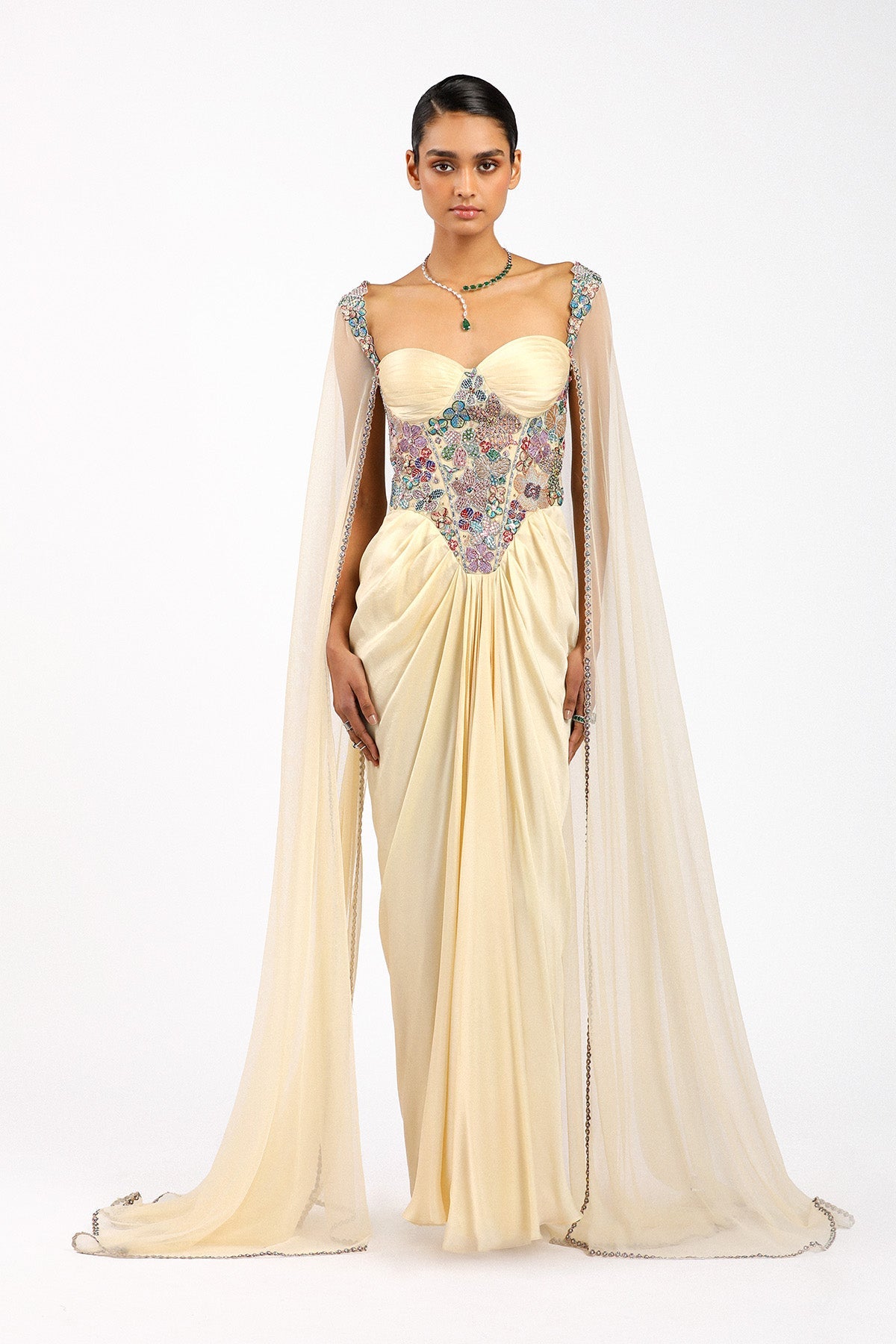Zaférine - Beige Silky Satin Pleated Gown