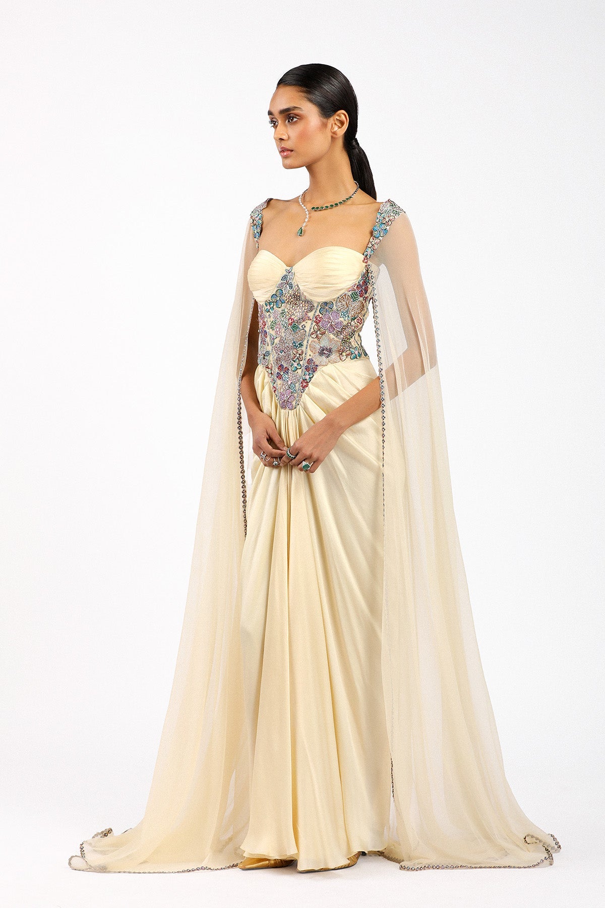 Zaférine - Beige Silky Satin Pleated Gown