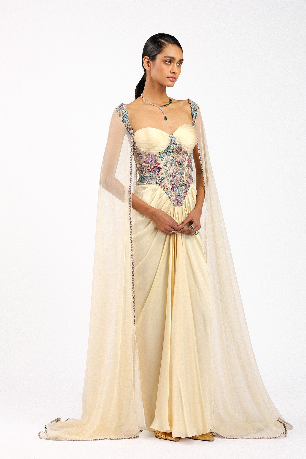 Zaférine - Beige Silky Satin Pleated Gown
