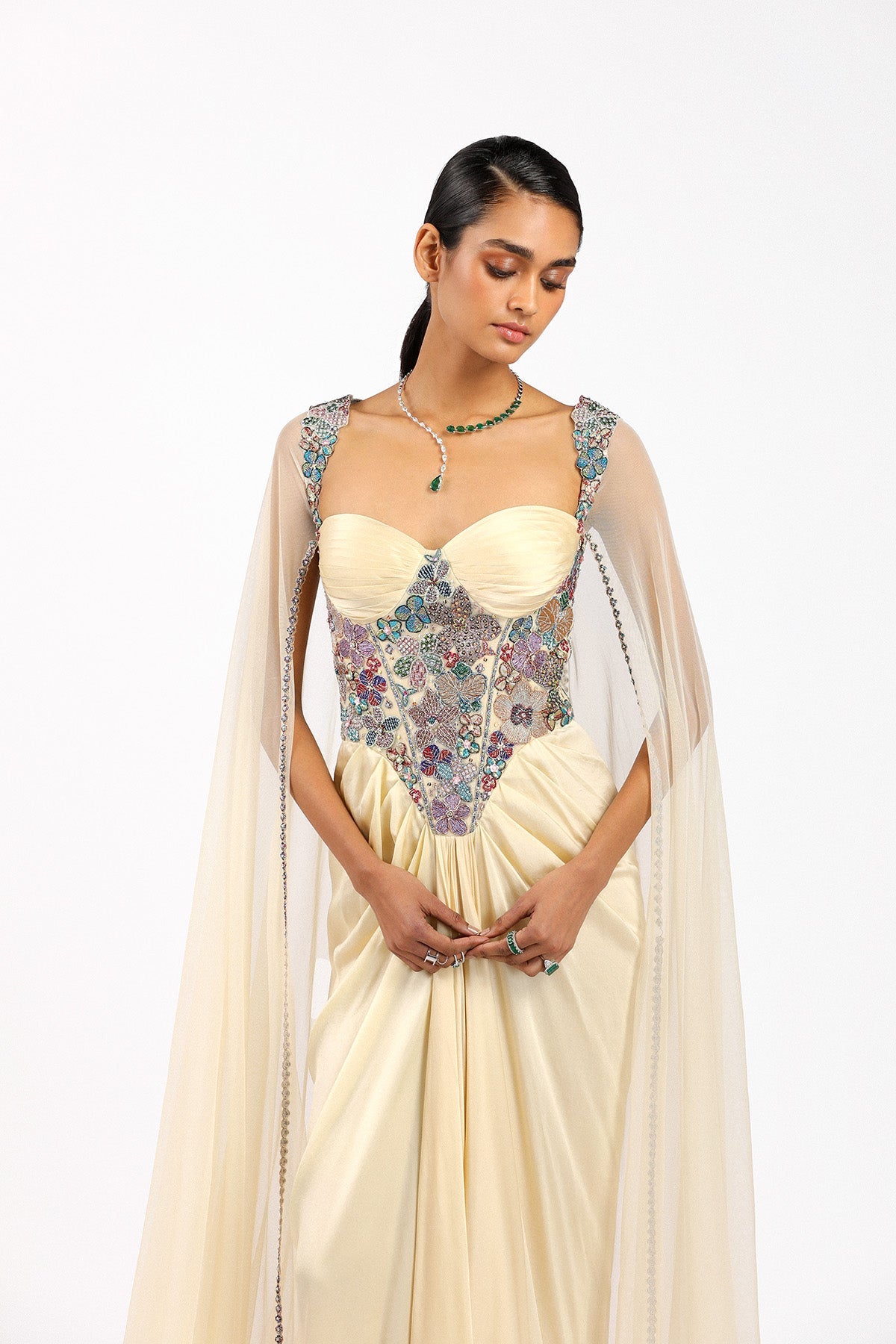 Zaférine - Beige Silky Satin Pleated Gown