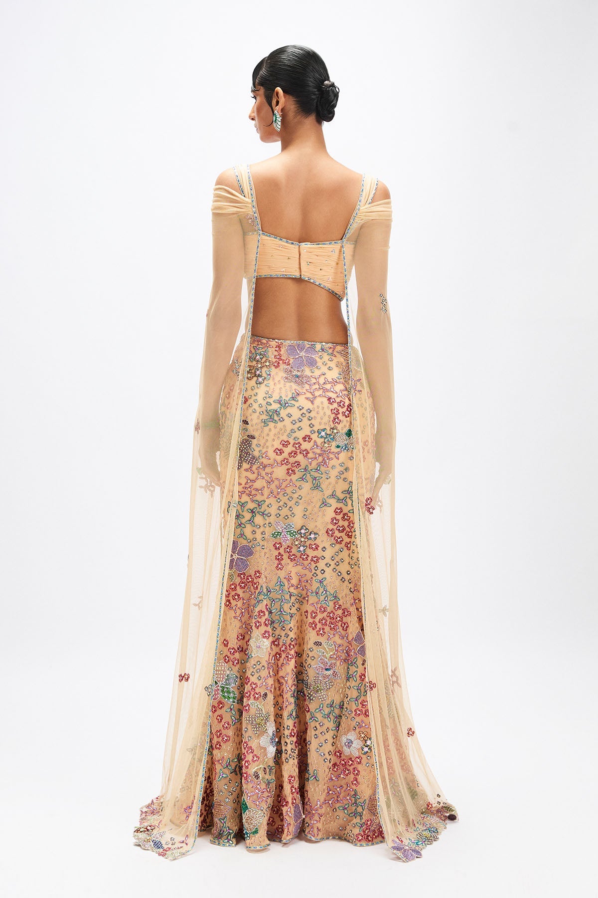 Dunefleur - Beige Tulle Mermaid Lehenga