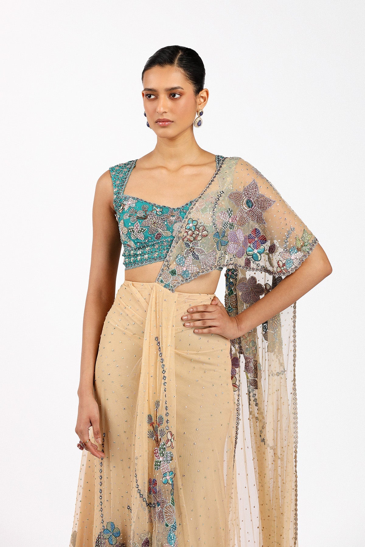 Stélla - Bisque Tulle Pre Draped Saree