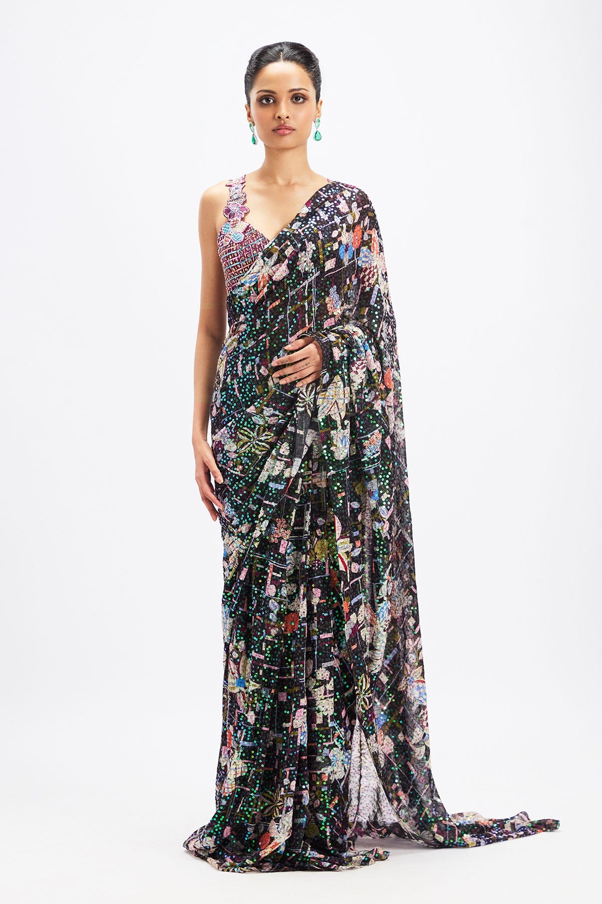 Noctura - Black Plum Sequin Tulle Saree