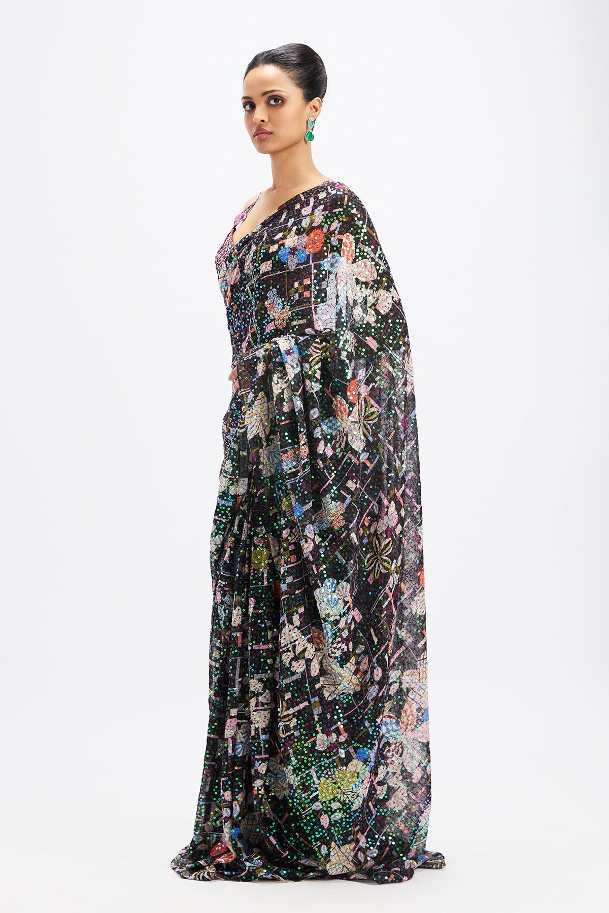 Noctura - Black Plum Sequin Tulle Saree
