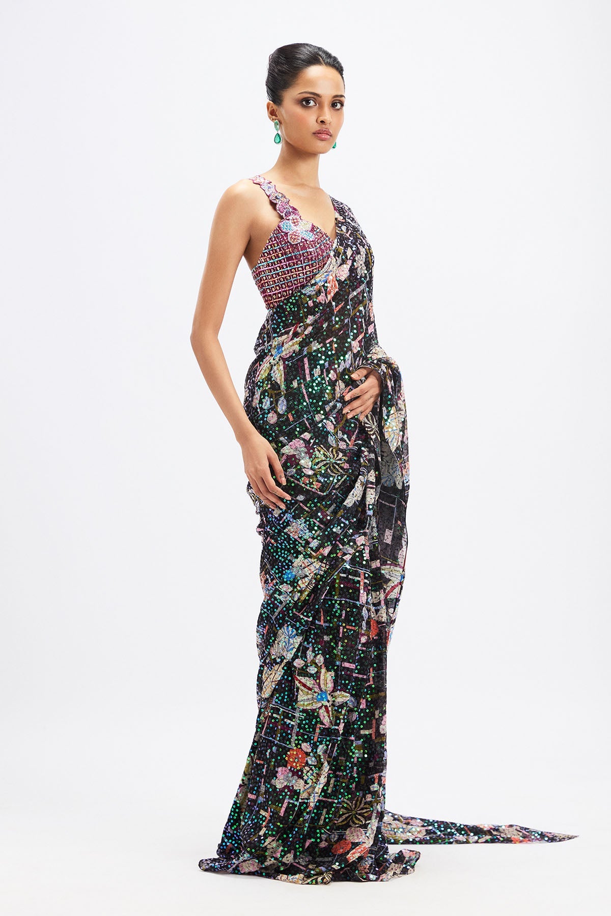 Noctura - Black Plum Sequin Tulle Saree
