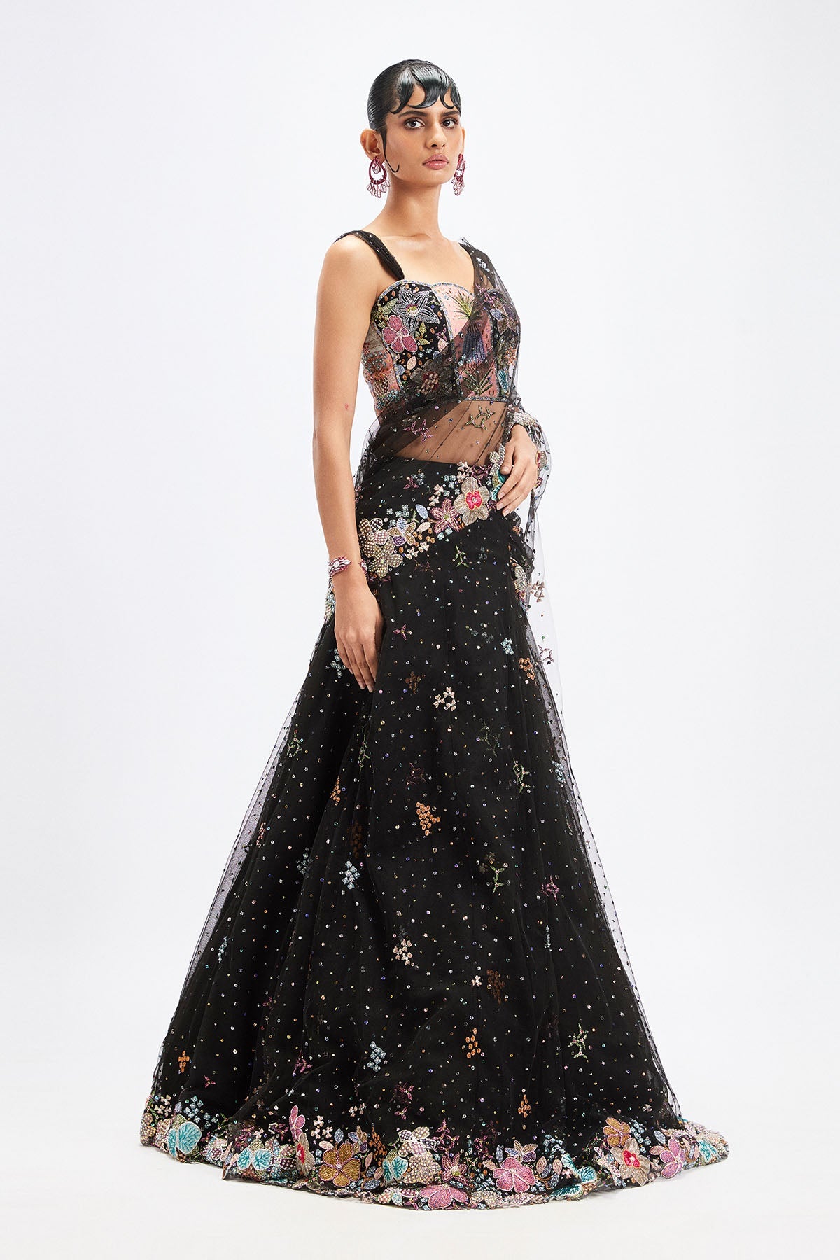 Delphinia - Black Tulle Saree