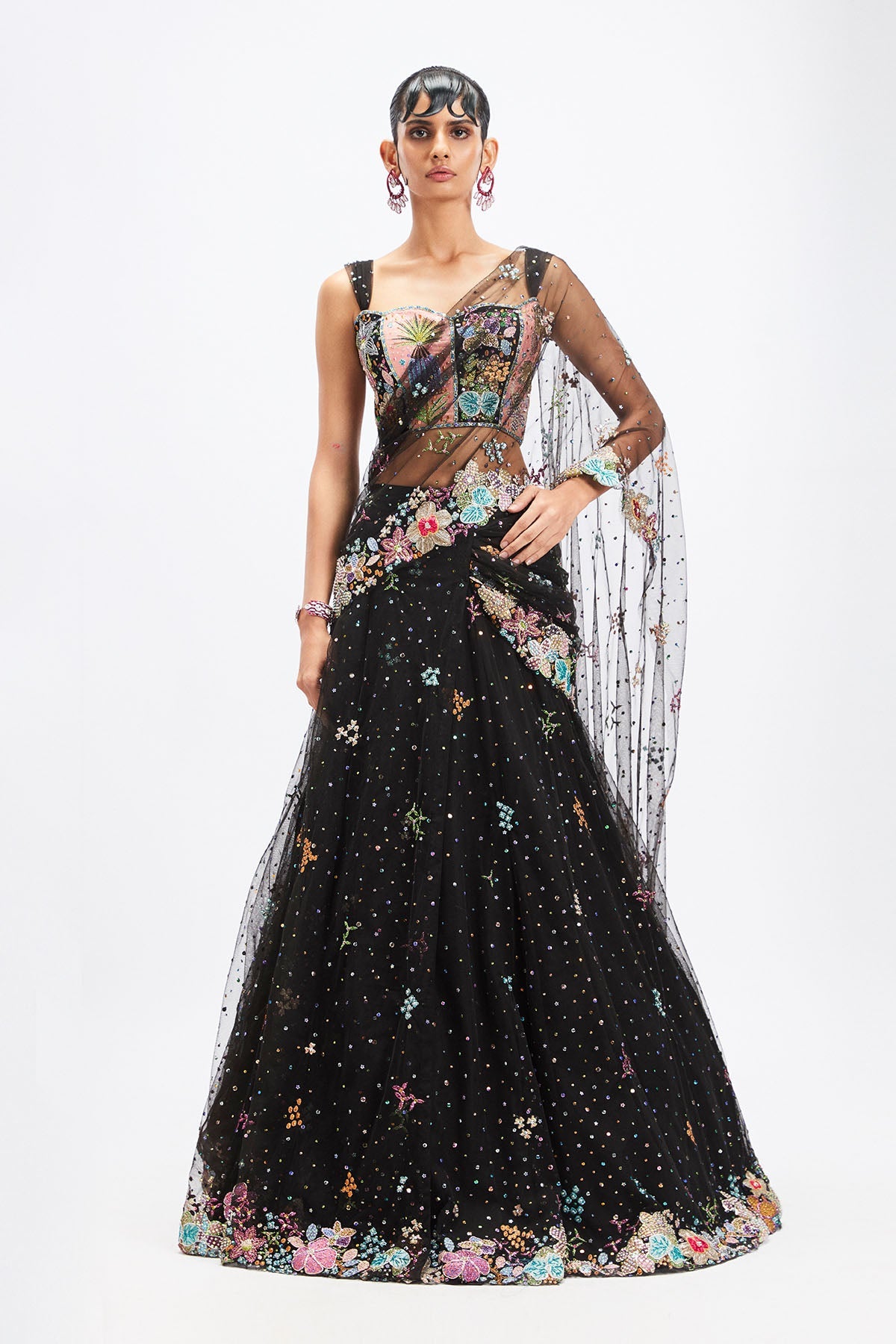Delphinia - Black Tulle Saree
