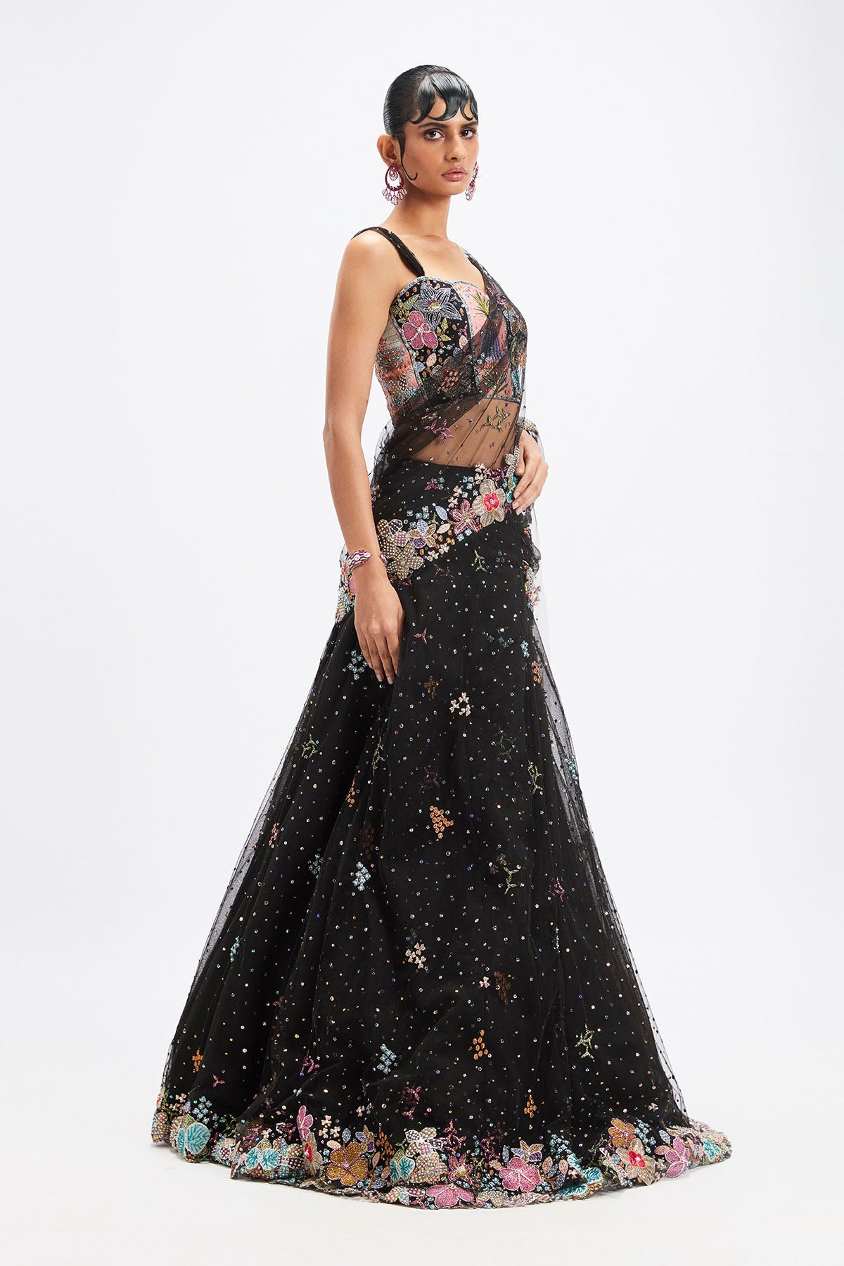 Delphinia - Black Tulle Saree