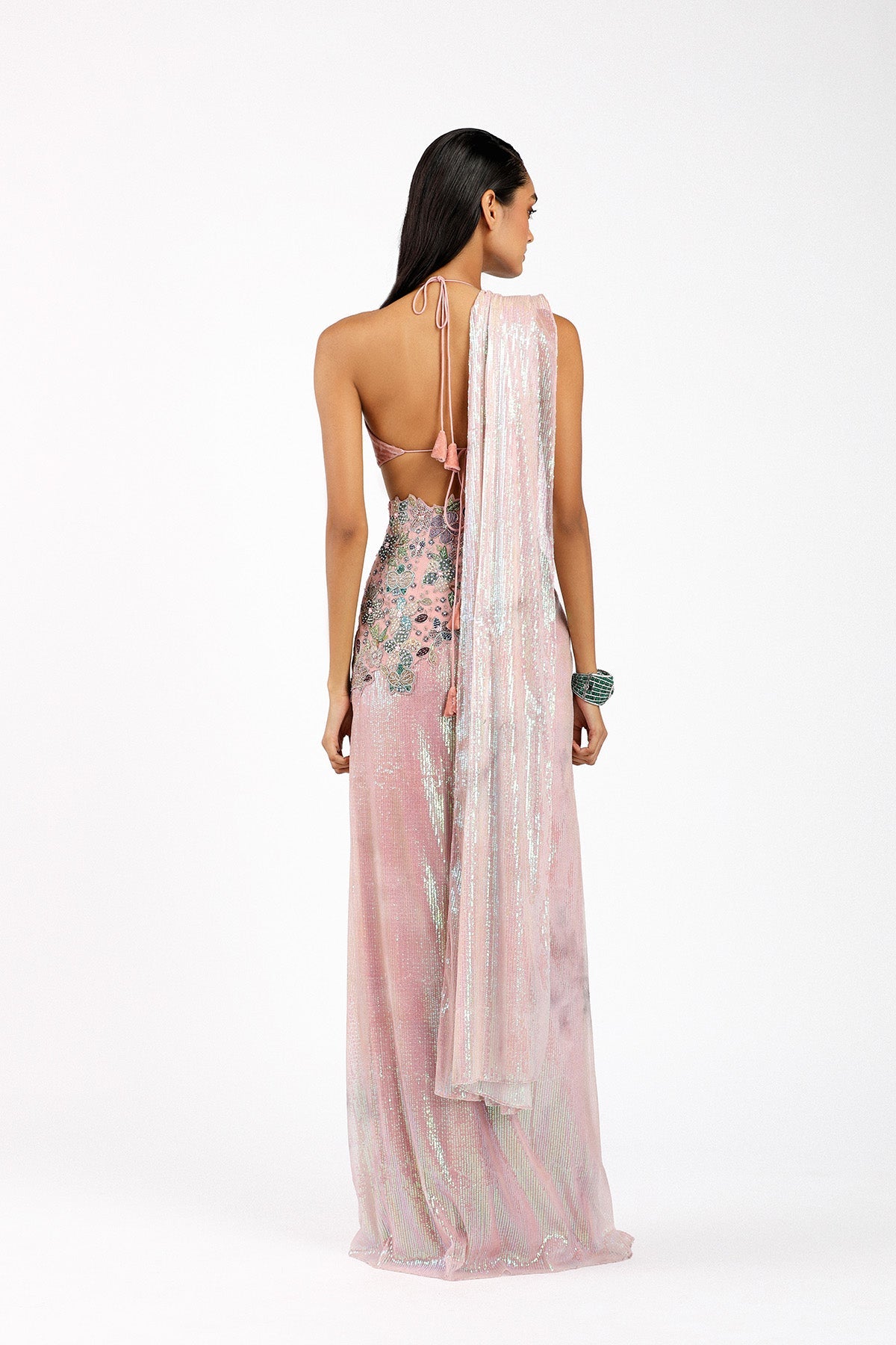 Astralé - Blush Pink Sequin Tulle Pre-Draped Saree