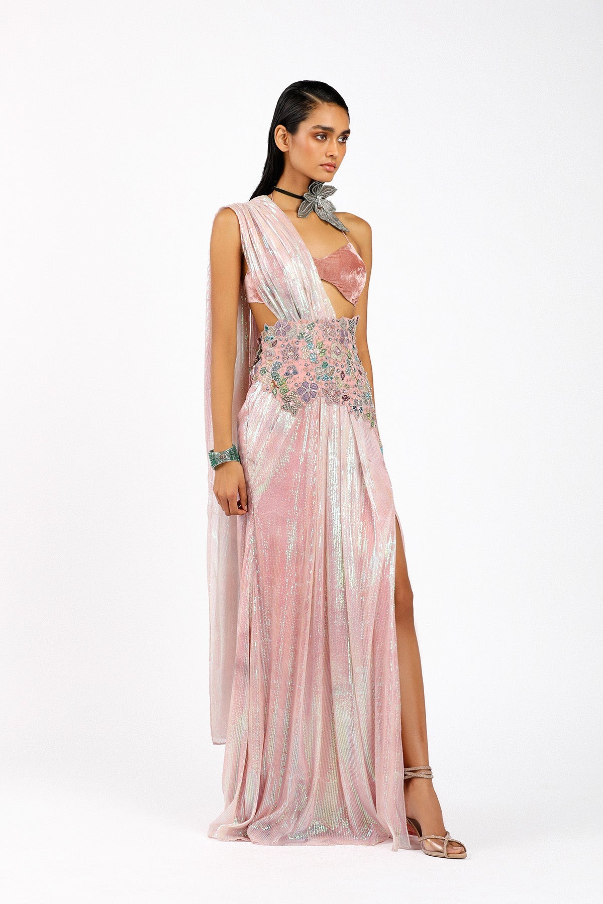 Astralé - Blush Pink Sequin Tulle Pre-Draped Saree