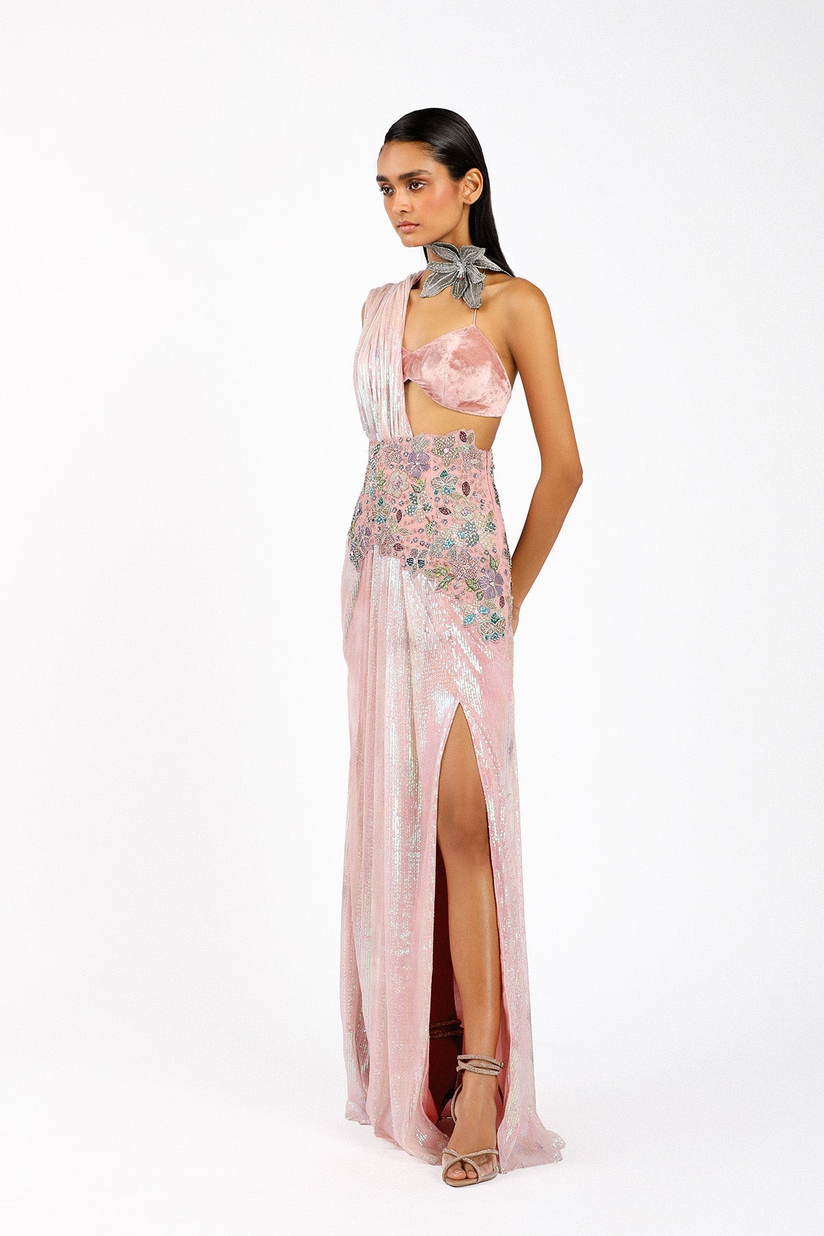 Astralé - Blush Pink Sequin Tulle Pre-Draped Saree