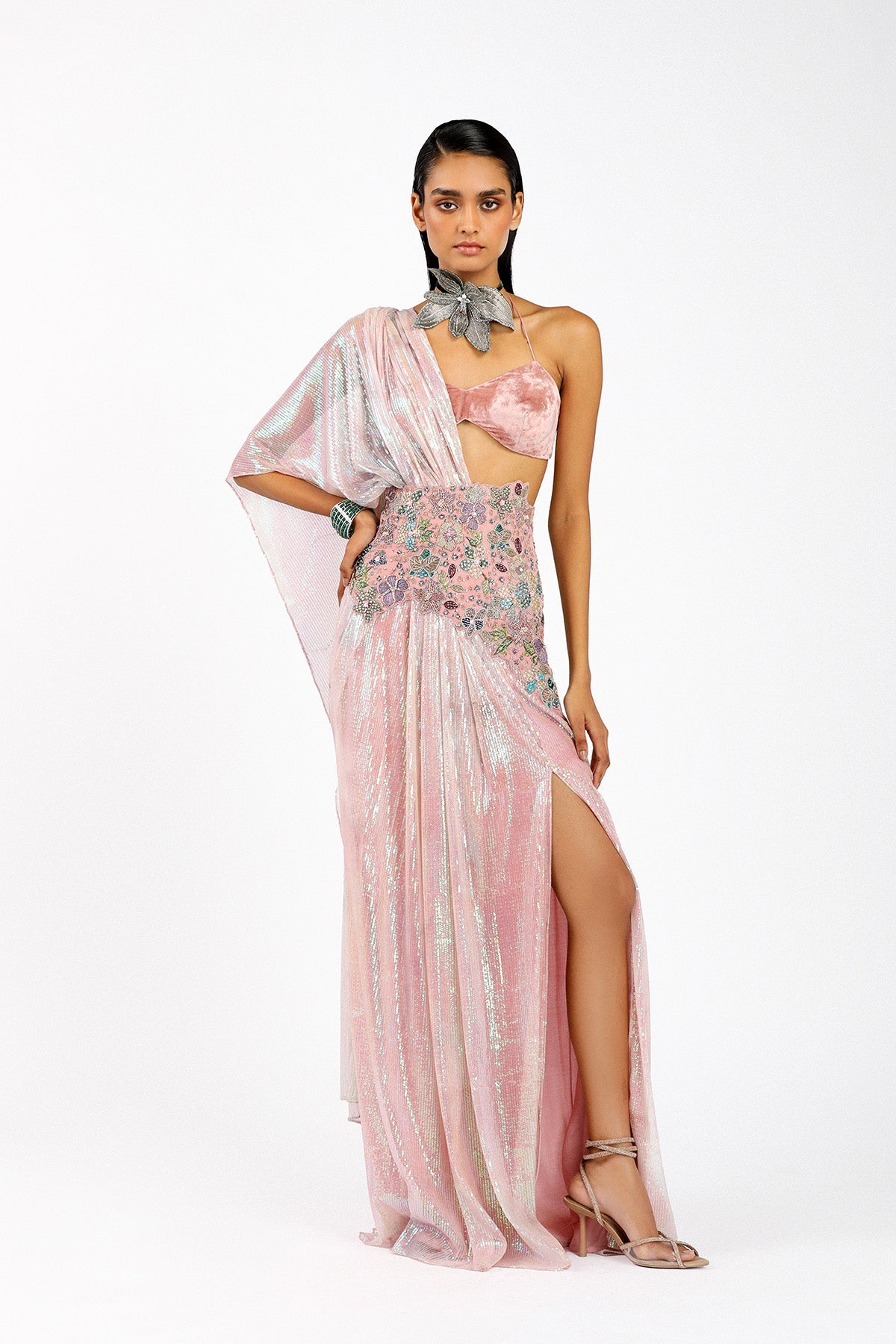 Astralé - Blush Pink Sequin Tulle Pre-Draped Saree