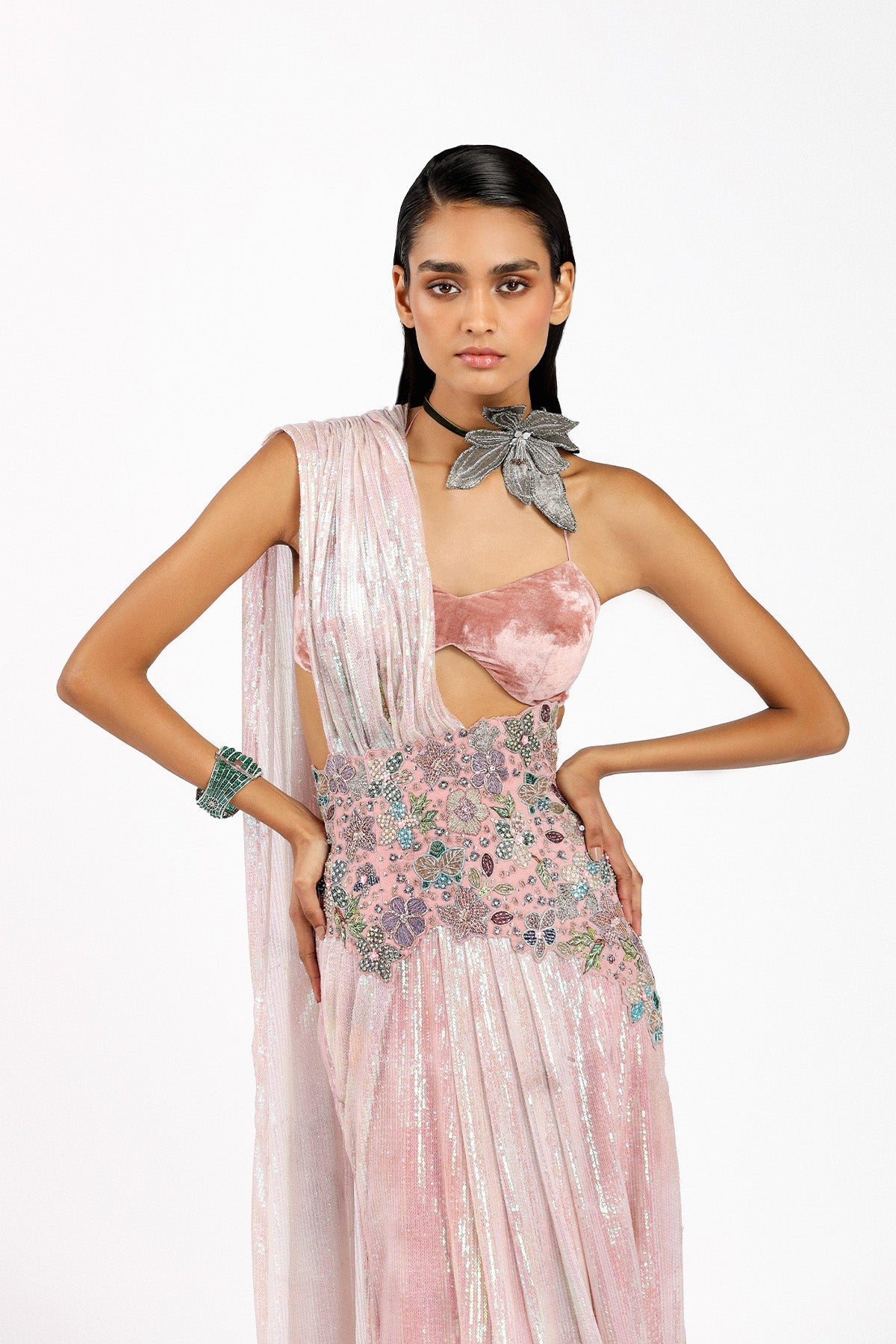 Astralé - Blush Pink Sequin Tulle Pre-Draped Saree