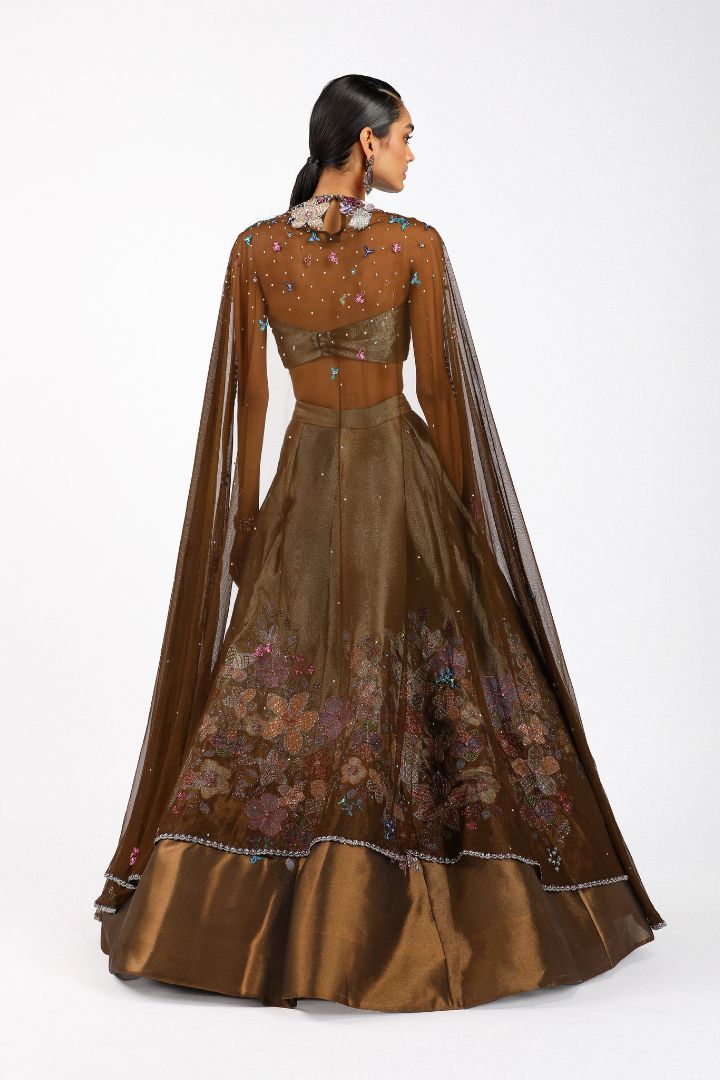 Aubépine - Copper Metallic Tissue Lehenga