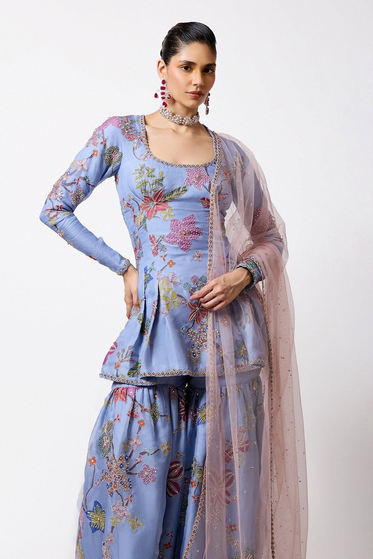 Siranee - Cornflower Blue Organza Gharara