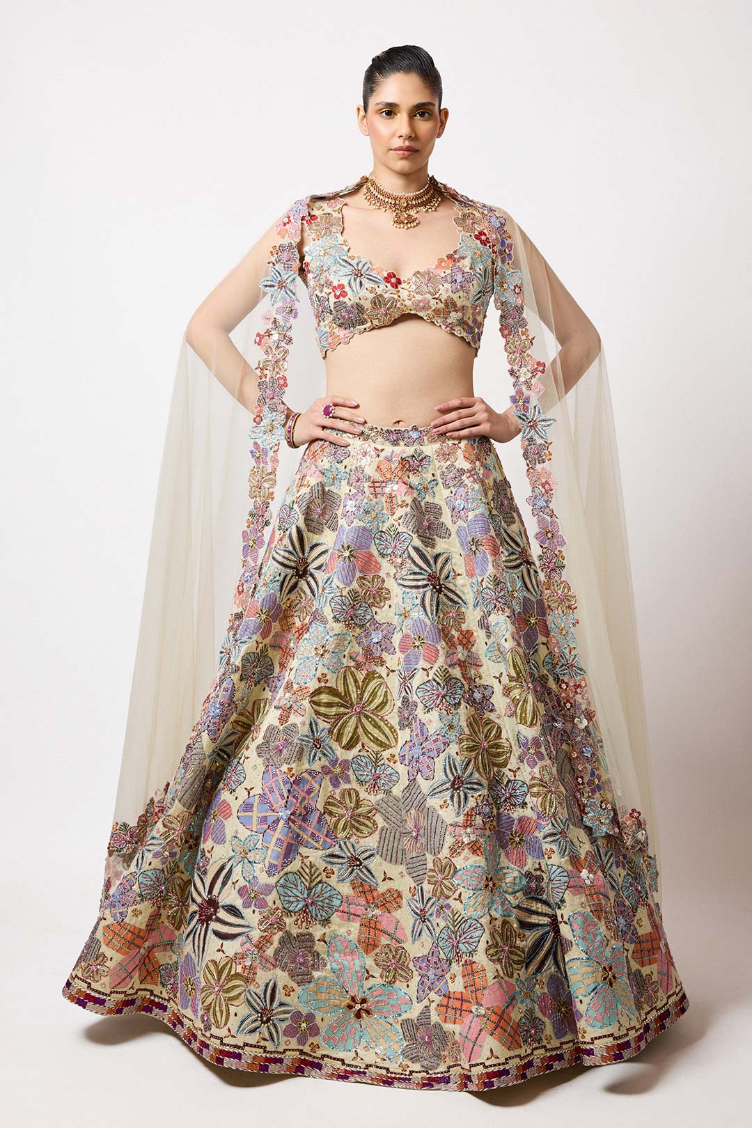 Cyanora - Ivory Kasab Satin Big Flower Lehenga