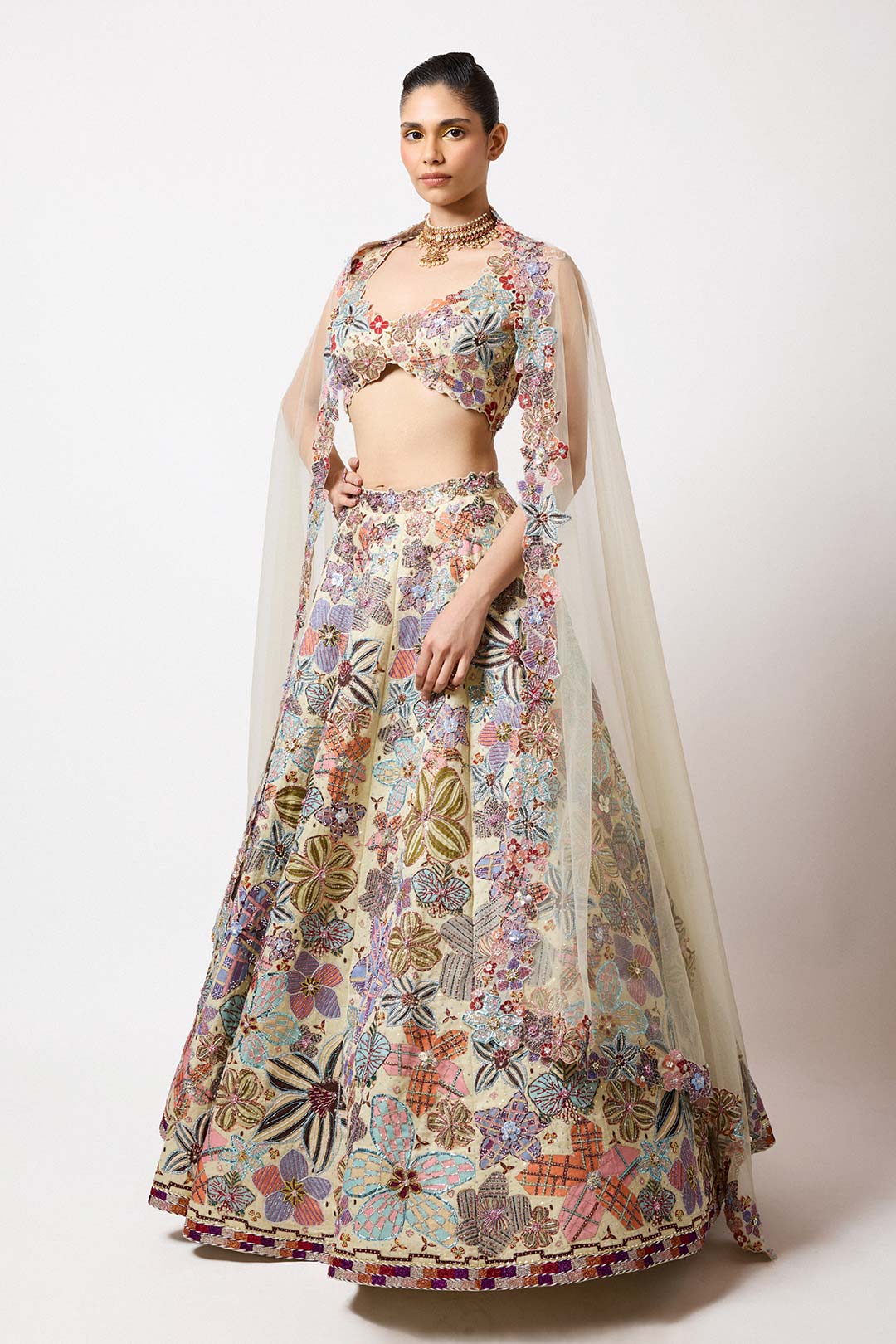 Cyanora - Ivory Kasab Satin Big Flower Lehenga