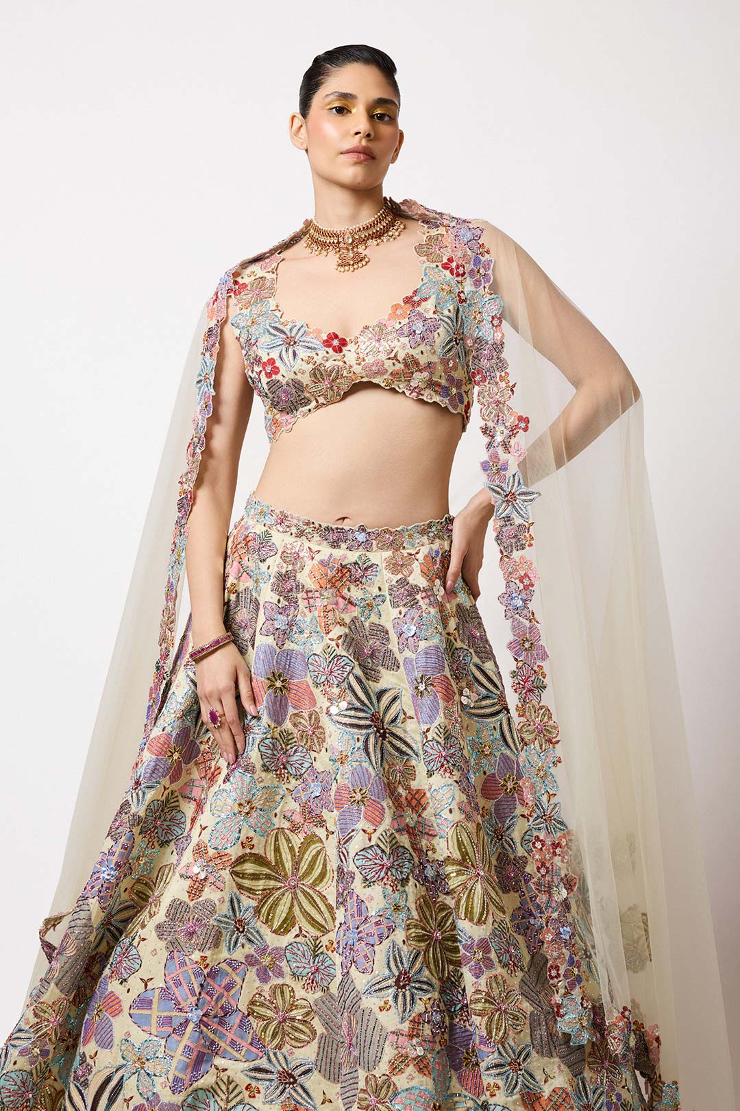 Cyanora - Ivory Kasab Satin Big Flower Lehenga