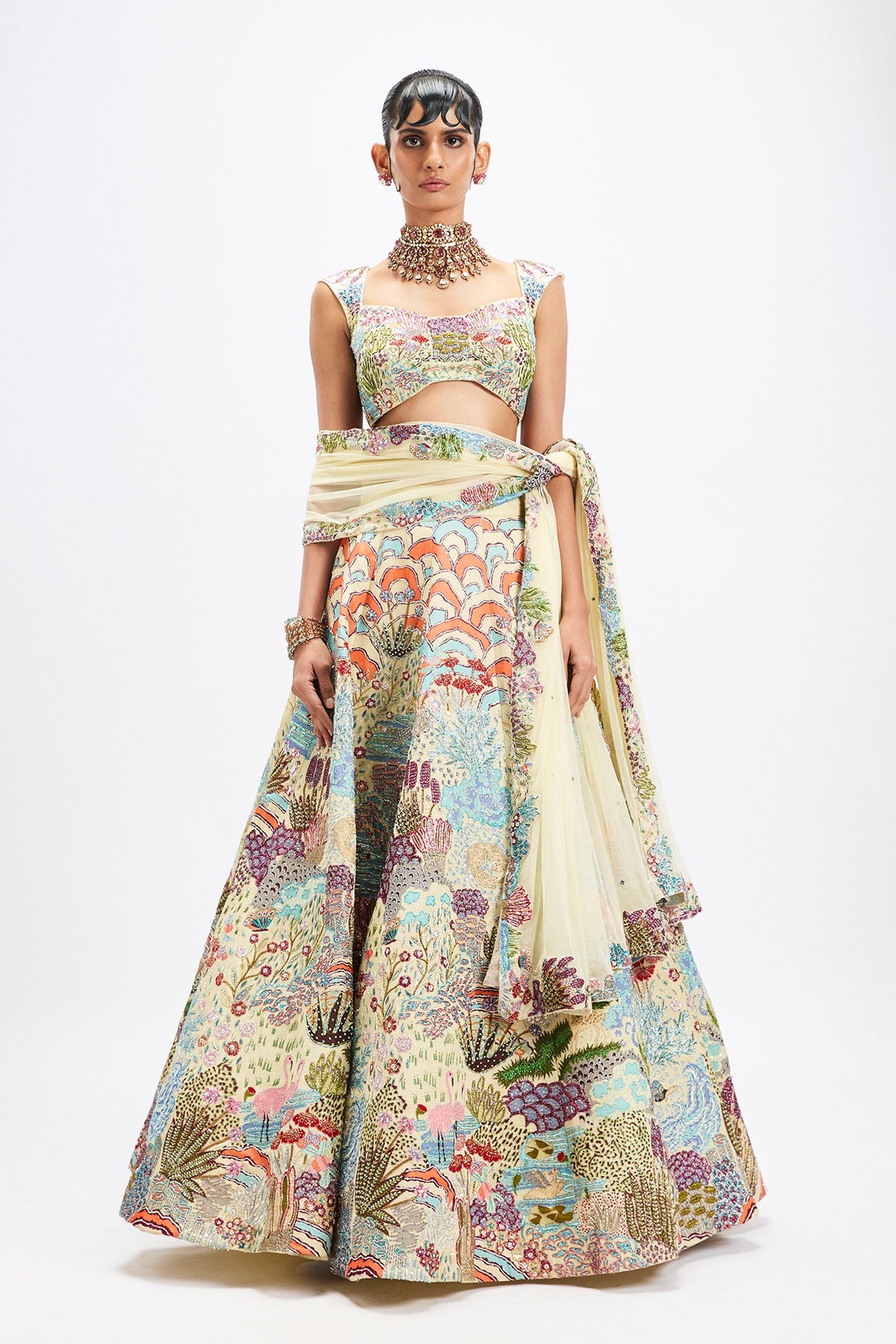 Belleau - Ivory Kasab Satin Lehenga