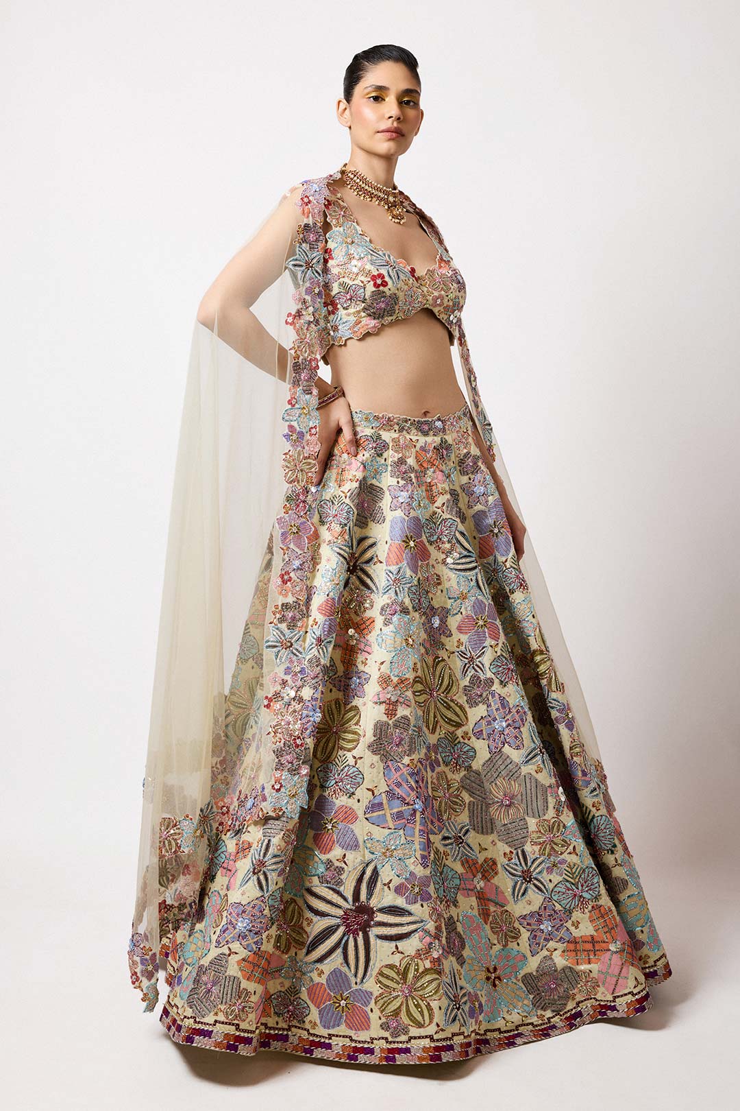 Cyanora - Ivory Kasab Satin Big Flower Lehenga