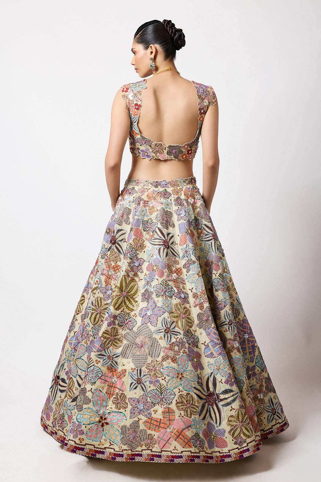 Cyanora - Ivory Kasab Satin Big Flower Lehenga