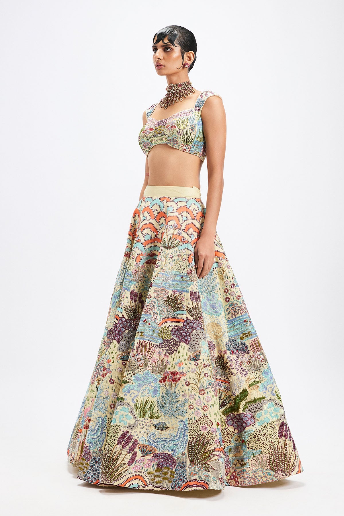 Belleau - Ivory Kasab Satin Lehenga
