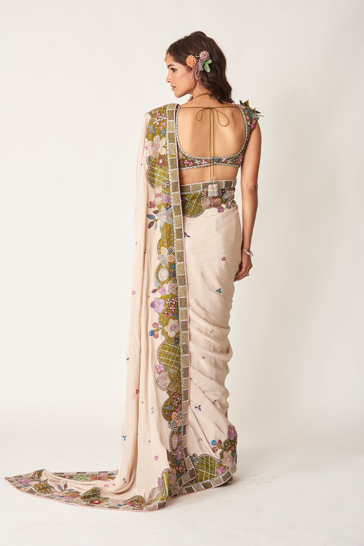 Shinora - Ivory Olive Mulberry Crepe Saree