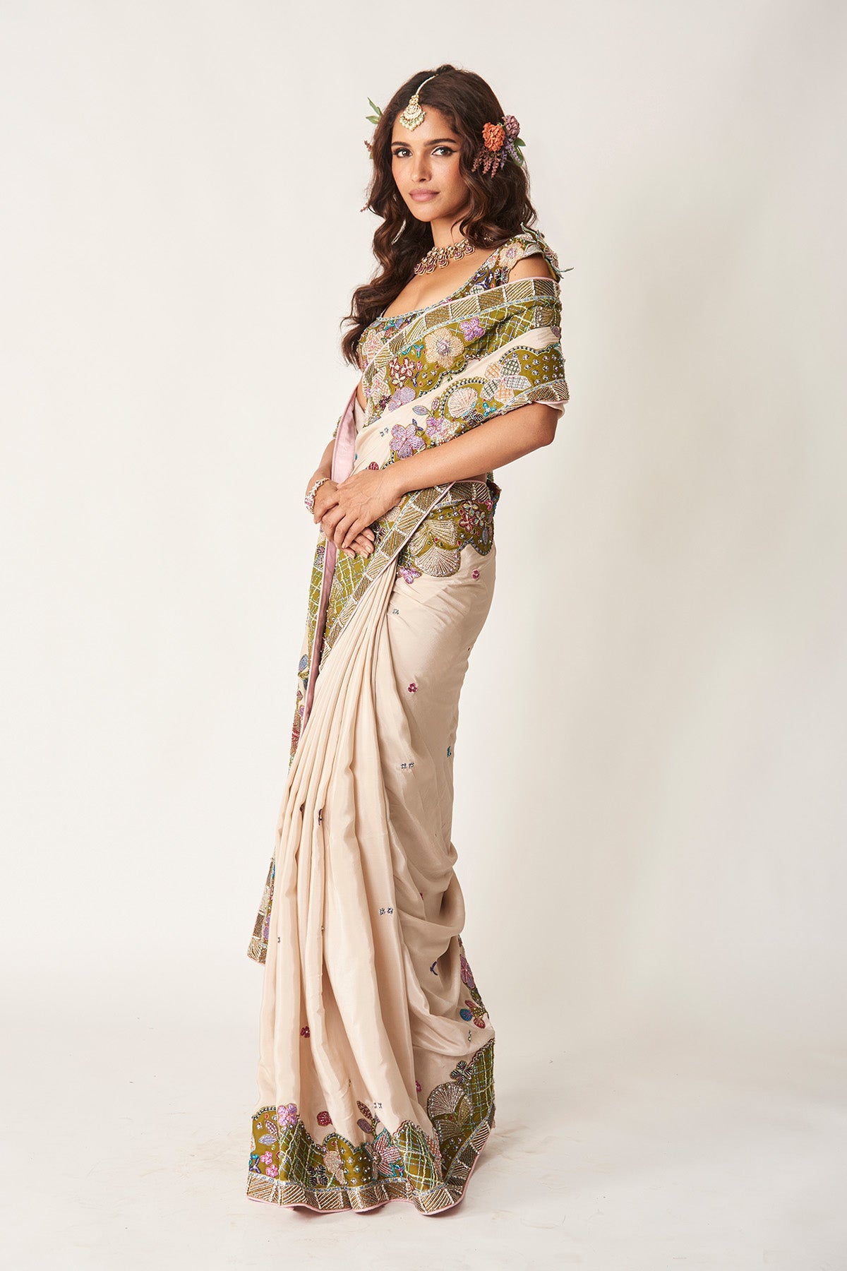 Shinora - Ivory Olive Mulberry Crepe Saree