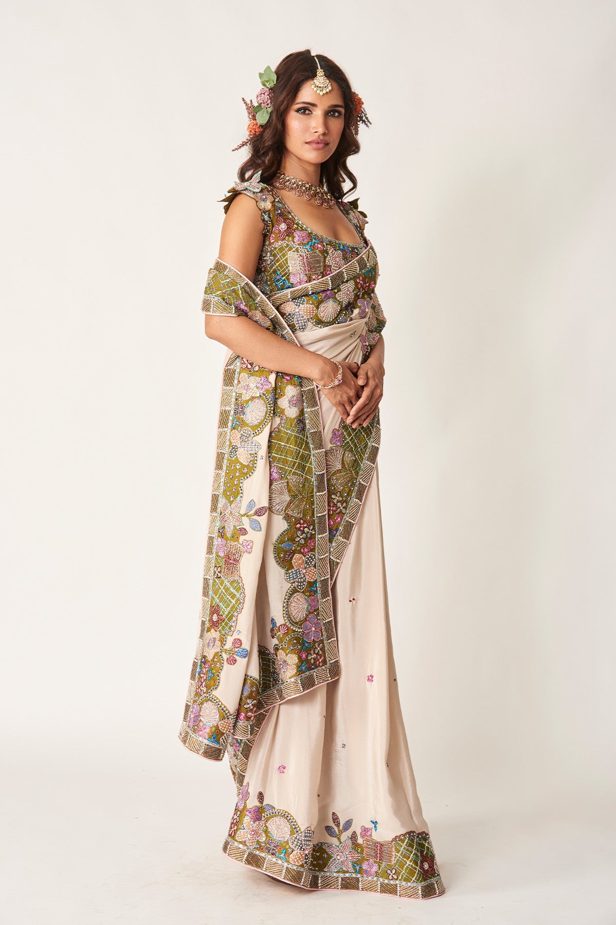 Shinora - Ivory Olive Mulberry Crepe Saree