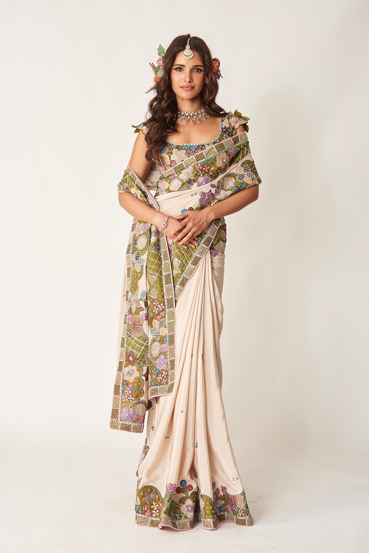 Shinora - Ivory Olive Mulberry Crepe Saree