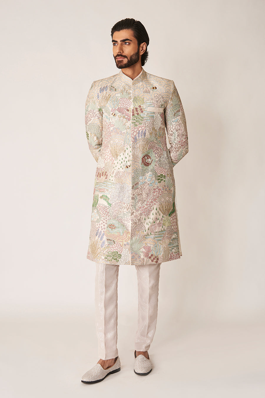 Fougère – Ivory Appliqué Raw Silk Sherwani
