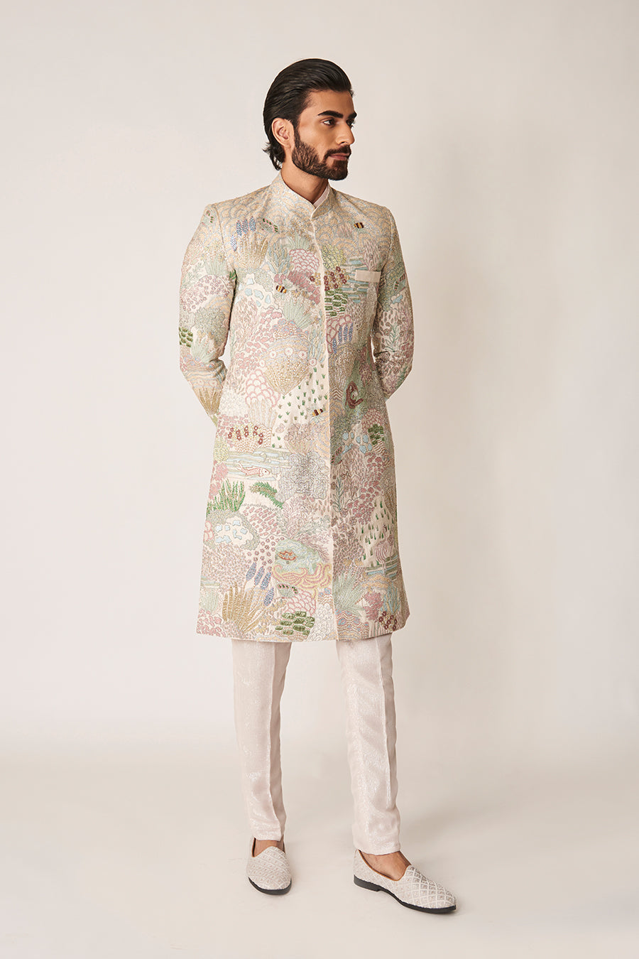 Fougère – Ivory Appliqué Raw Silk Sherwani