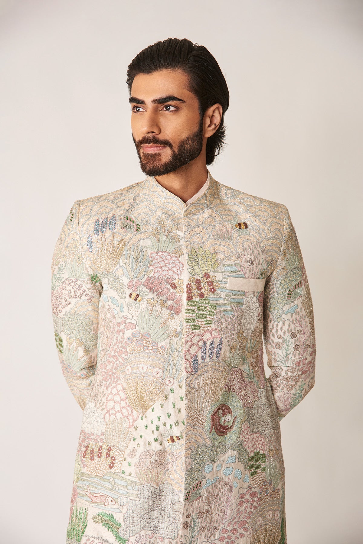Fougère – Ivory Appliqué Raw Silk Sherwani
