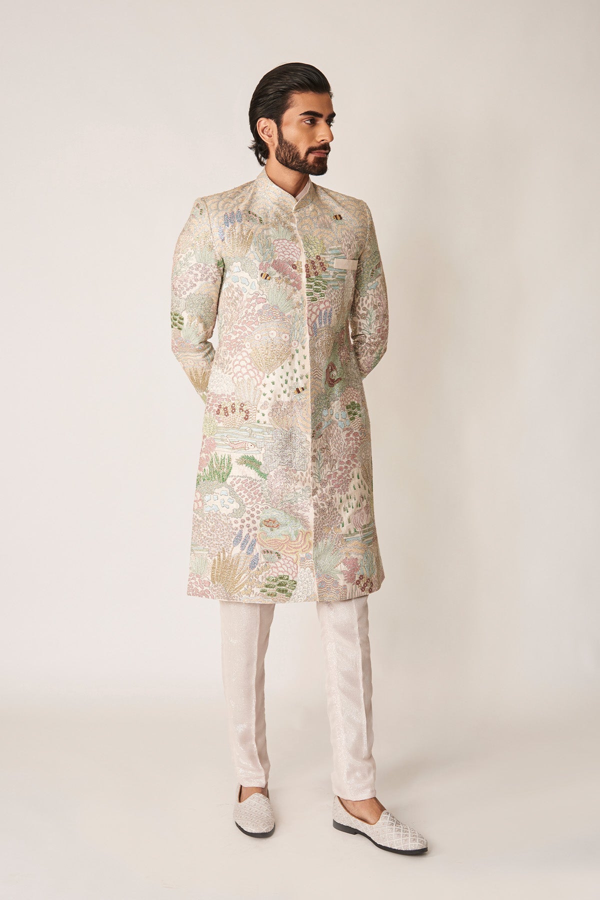 Fougère – Ivory Appliqué Raw Silk Sherwani