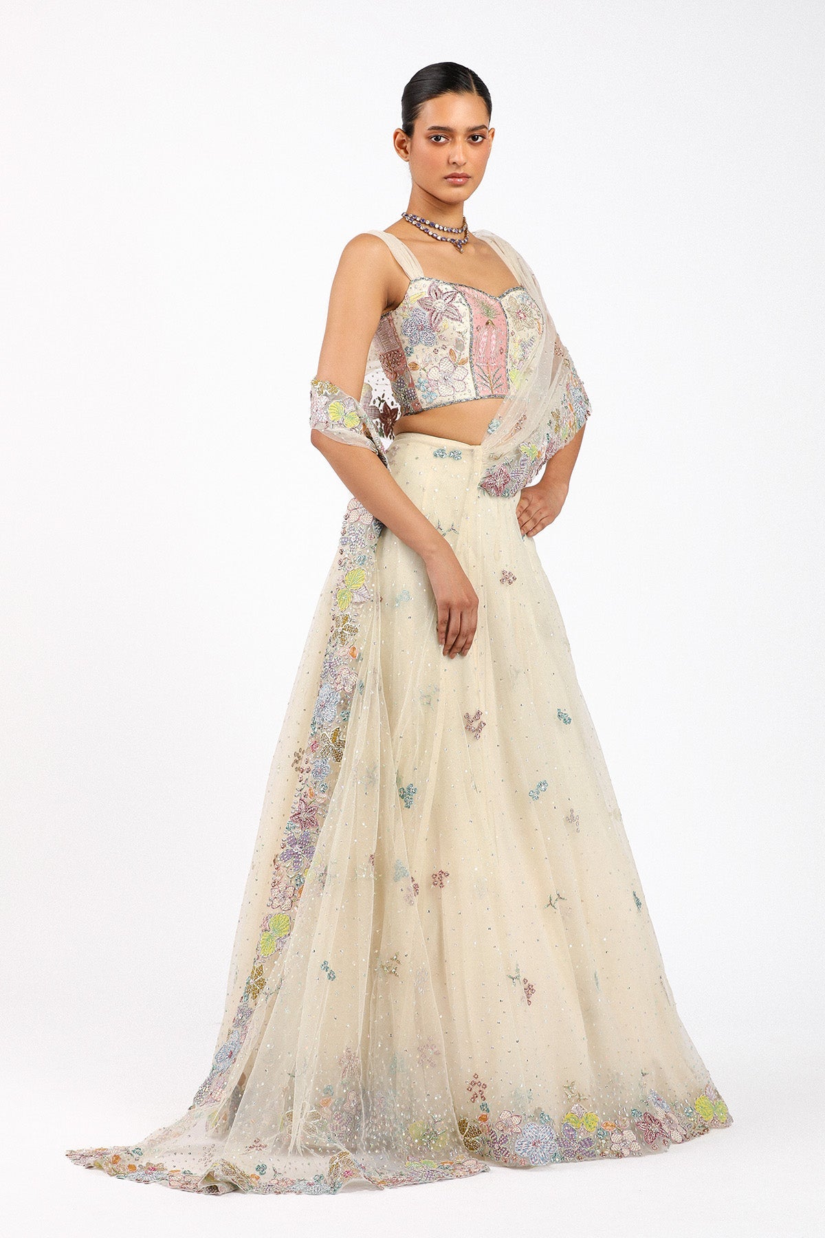 Azalée - Ivory Tulle Saree Lehenga