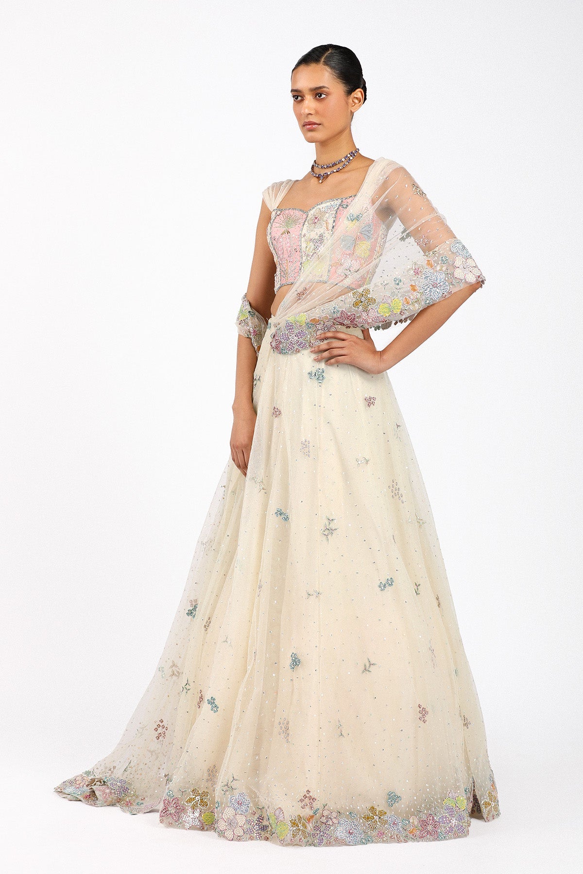 Azalée - Ivory Tulle Saree Lehenga