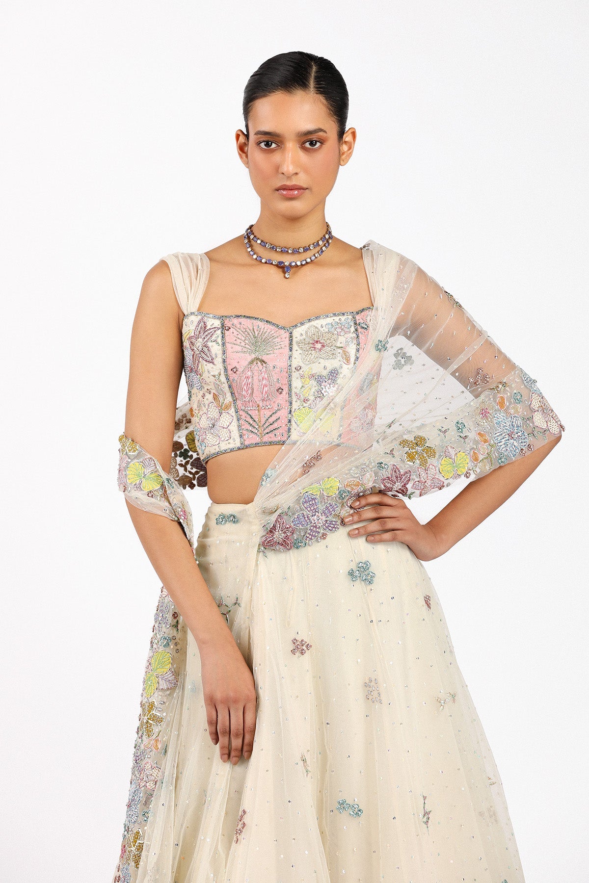 Azalée - Ivory Tulle Saree Lehenga