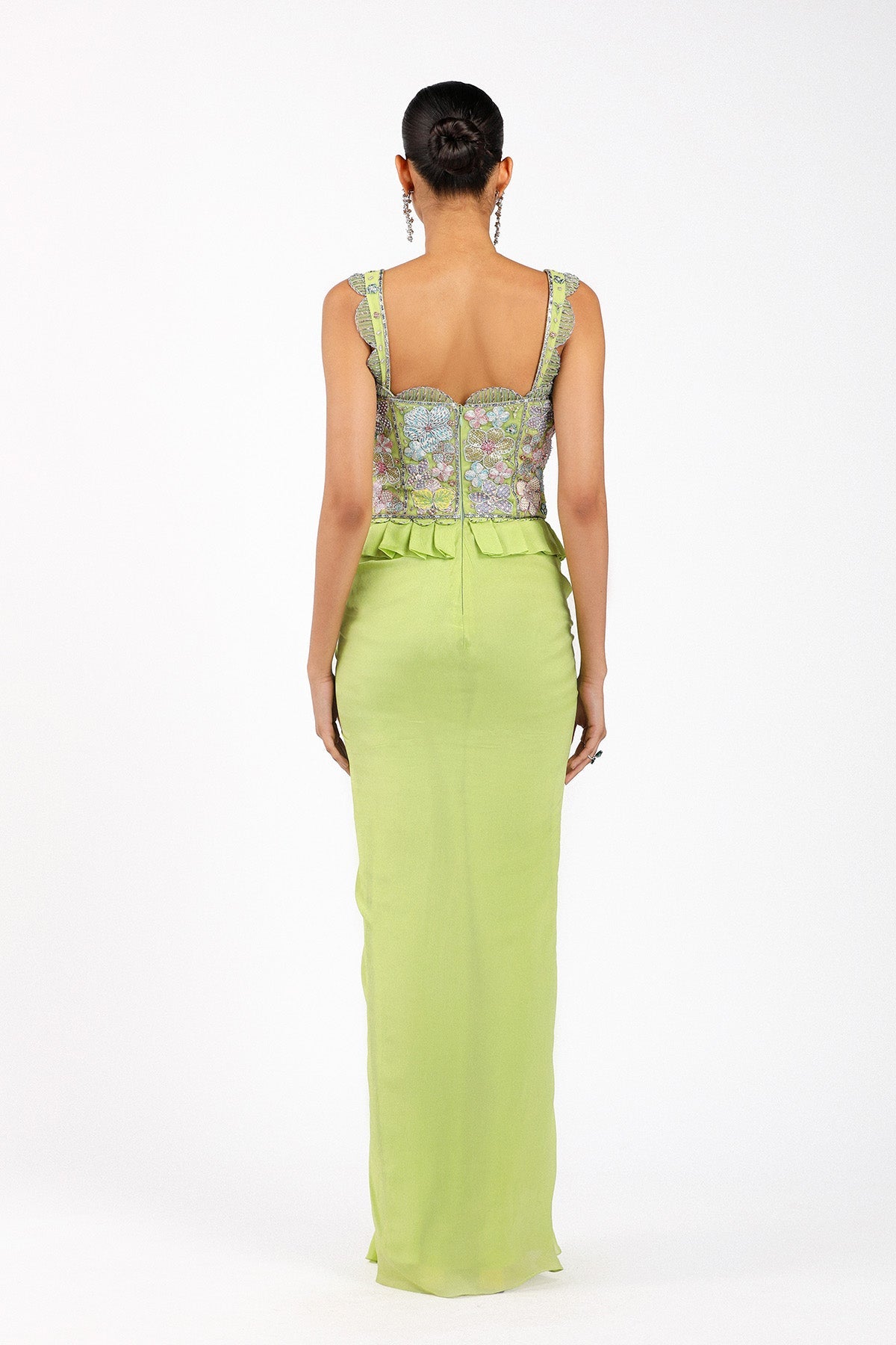 YsŽlie - Lime Green Chiffon Pleated Skirted Gown