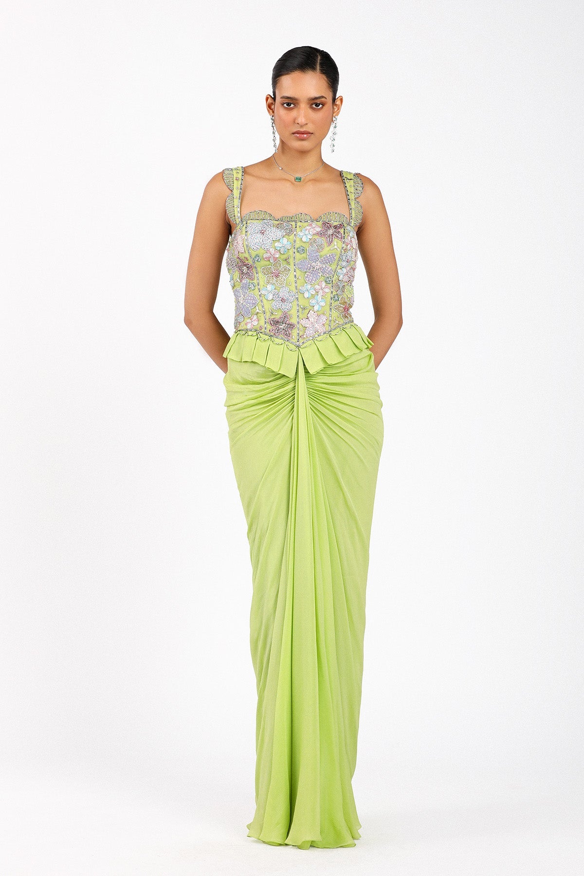 YsŽlie - Lime Green Chiffon Pleated Skirted Gown