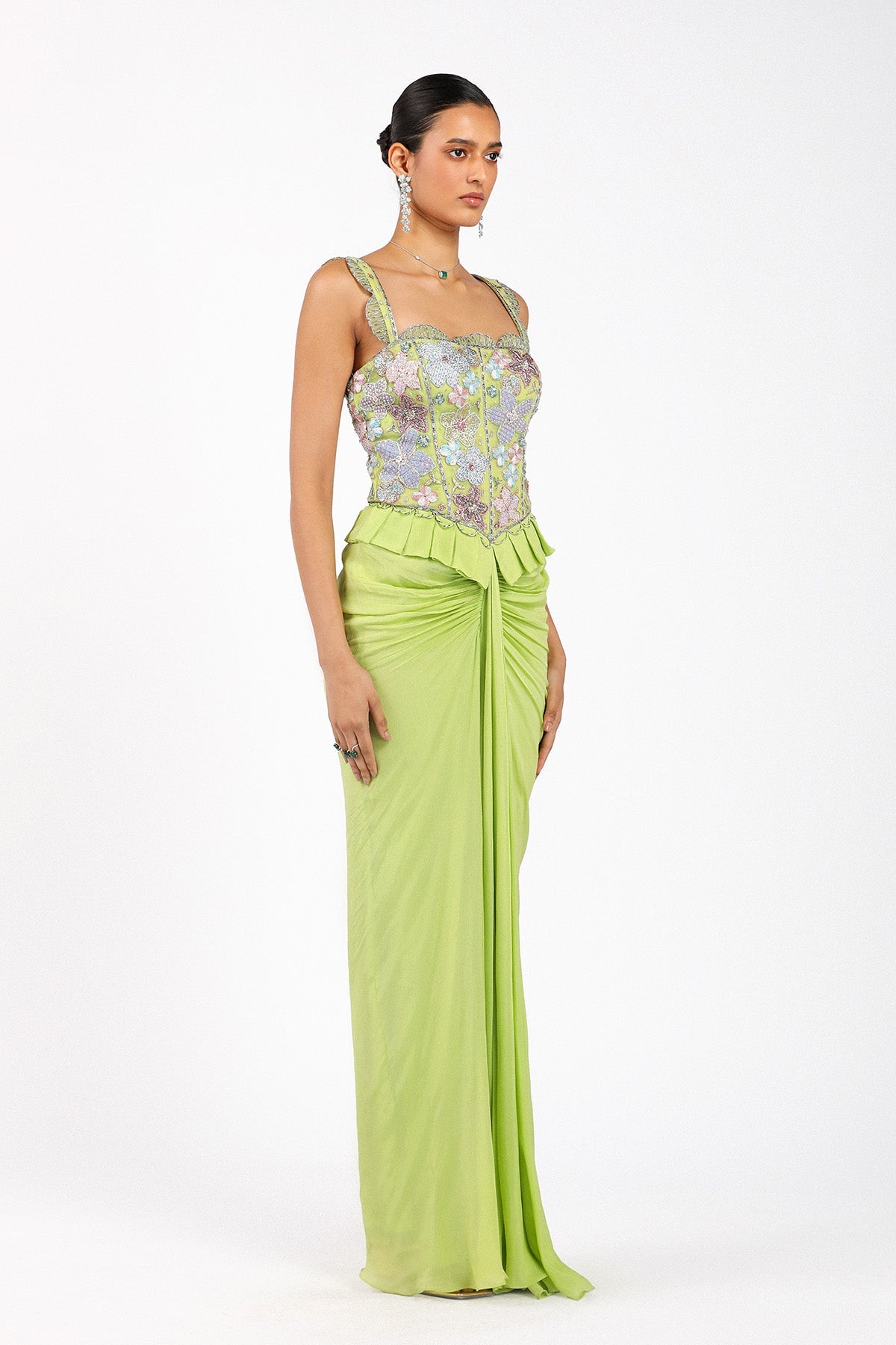 YsŽlie - Lime Green Chiffon Pleated Skirted Gown