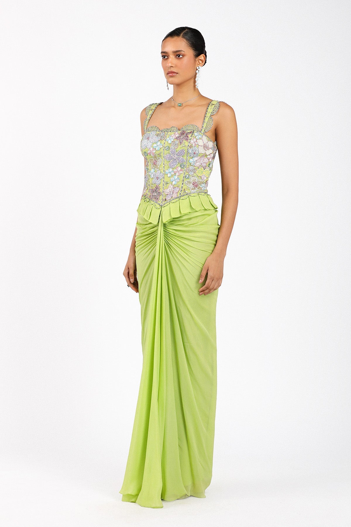YsŽlie - Lime Green Chiffon Pleated Skirted Gown