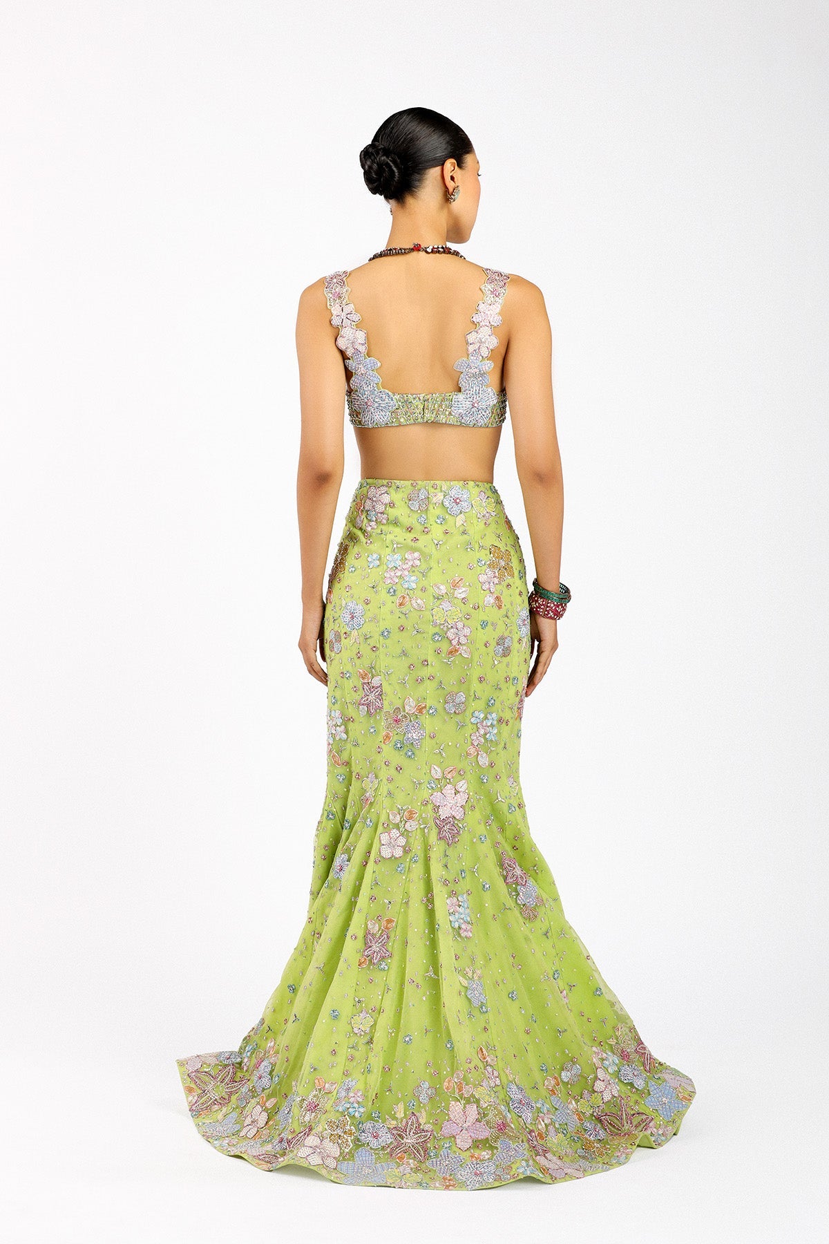 Verphine - Lime Green Tulle Mermaid Lehenga